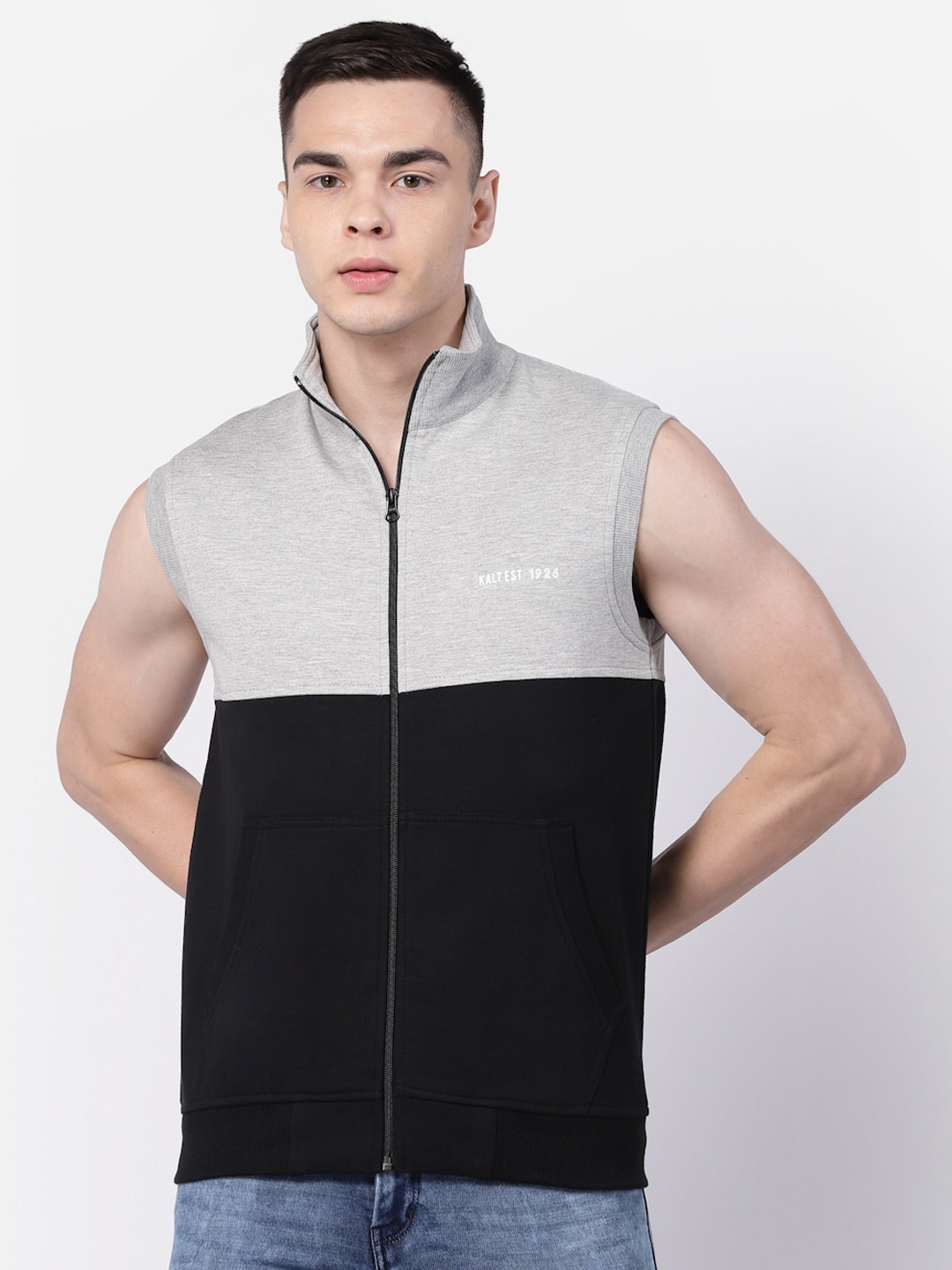 

Kalt Colourblocked Mock Collar Sleeveless Sweatshirt, Grey melange