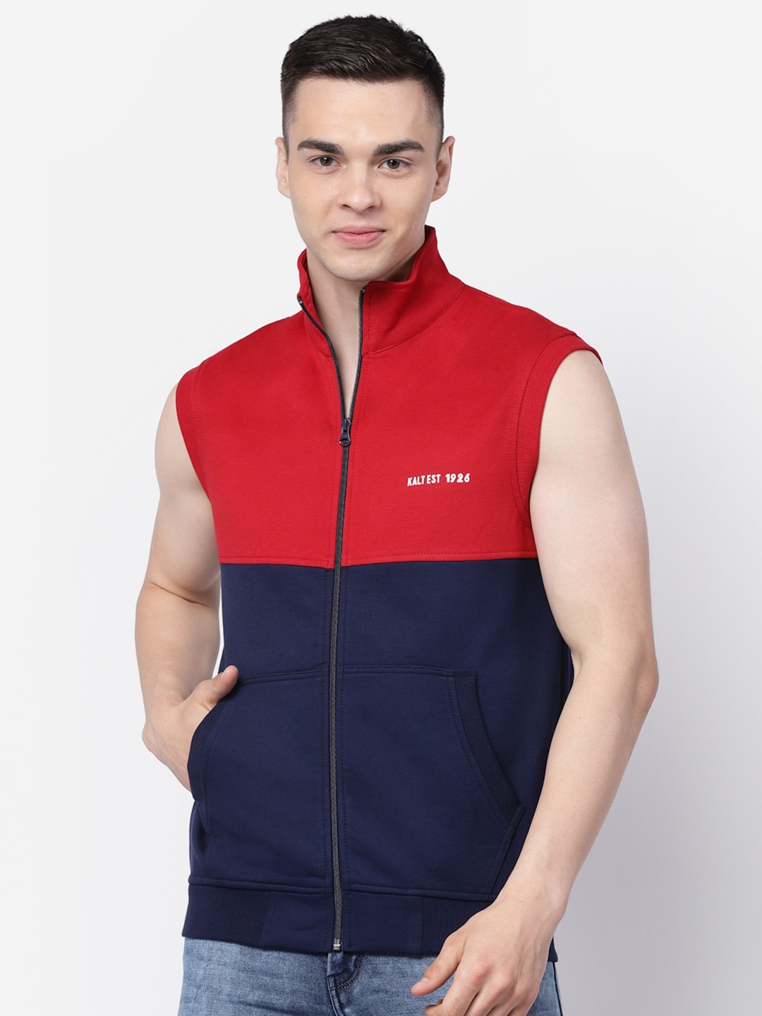 

Kalt Colourblocked Mock Collar Sleeveless Sweatshirt, Red