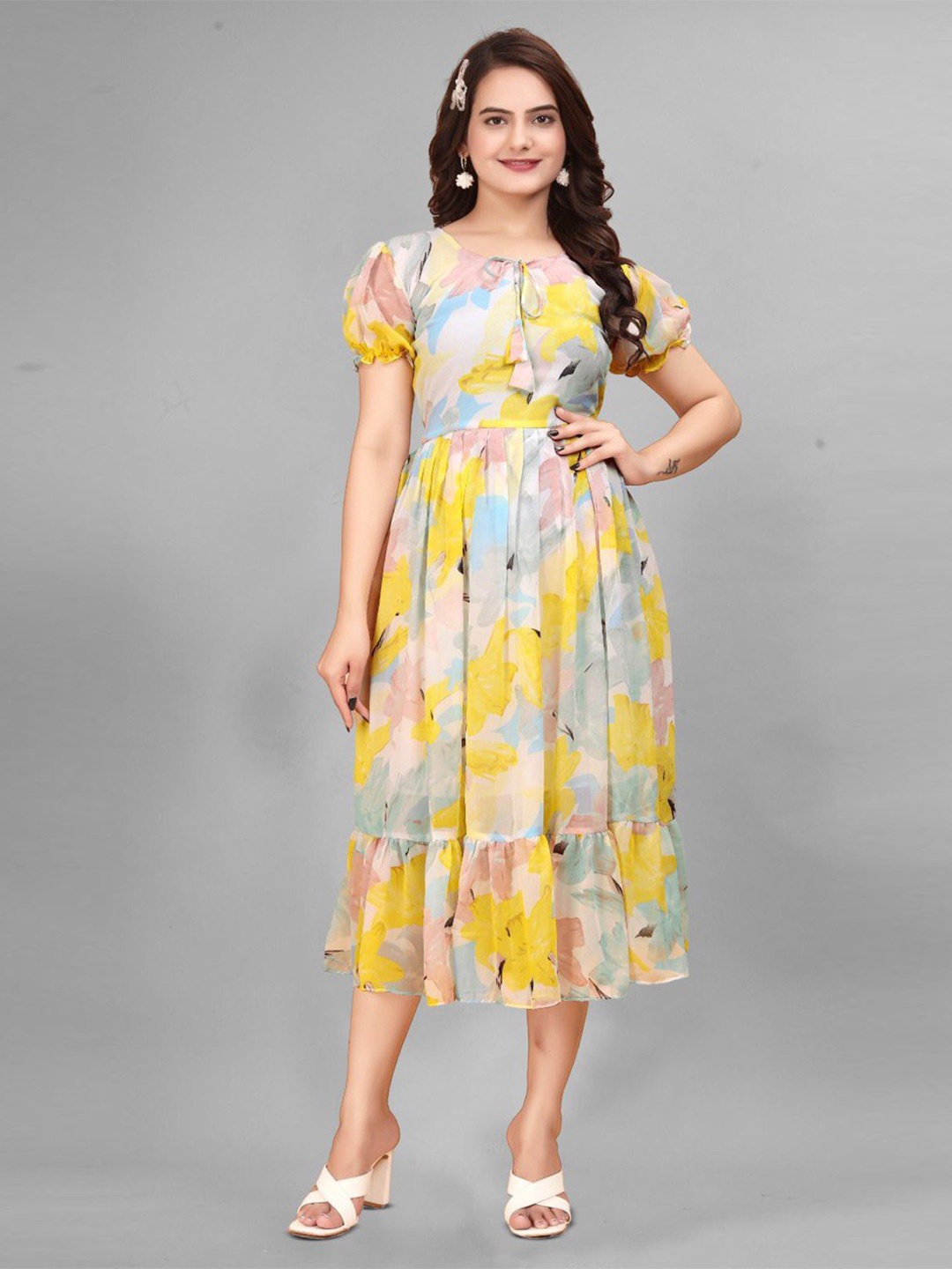 

BAESD Floral Printed Puff Sleeve Georgette Fit & Flare Midi Dress, Yellow