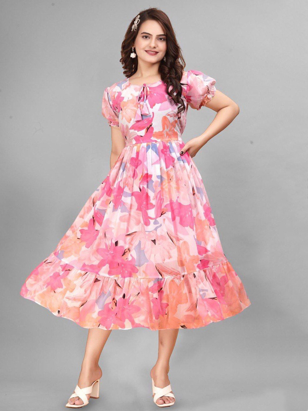 

BAESD Floral Print Tie-up Neck Puff Sleeves Georgette Pleated Fit & Flare Midi Dress, Pink