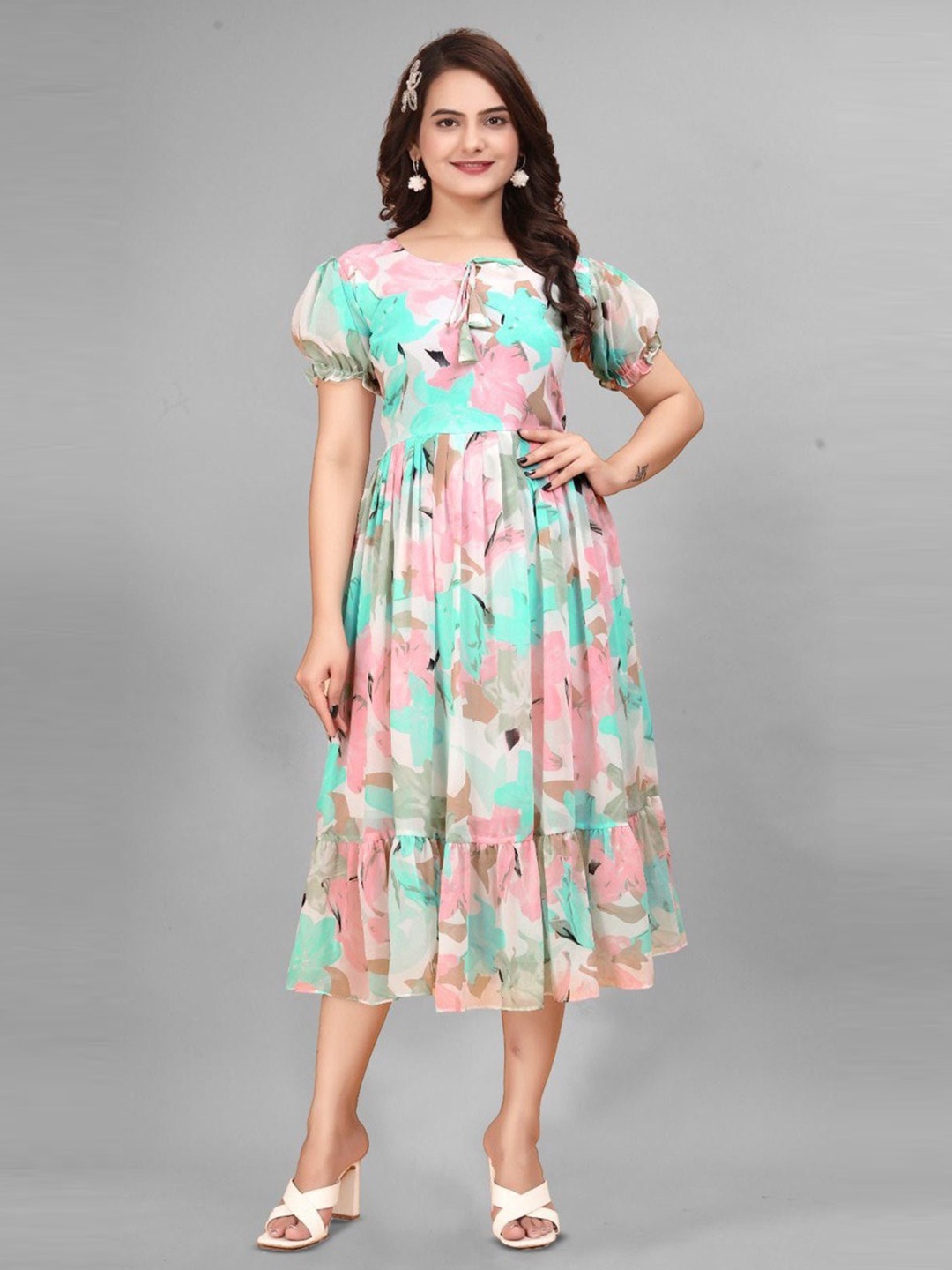 

BAESD Floral Print Tie-up Neck Puff Sleeves Georgette Pleated Fit & Flare Midi Dress, Pink