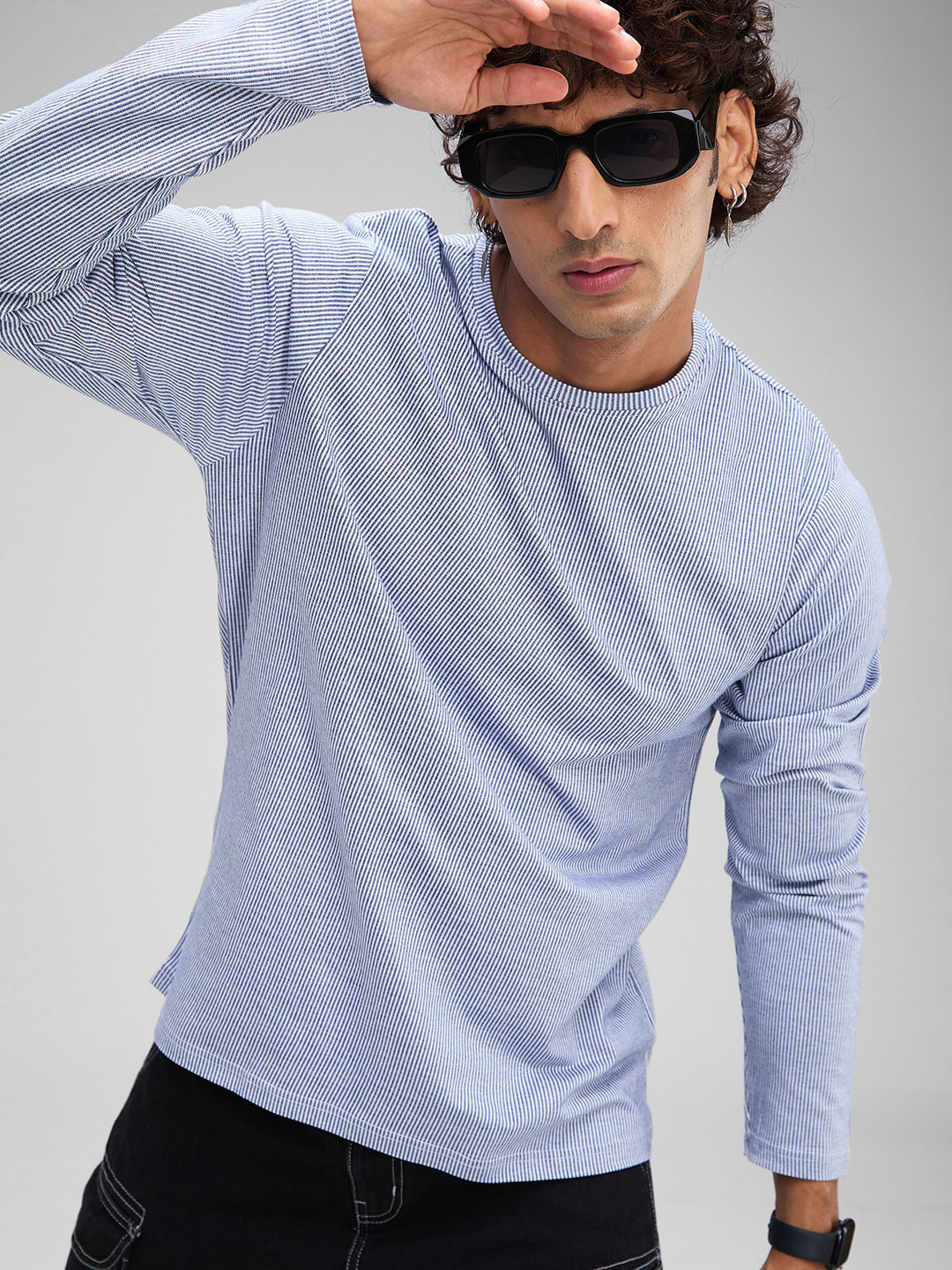 

VASTRADO Striped Round Neck Cotton T-shirt, Navy blue