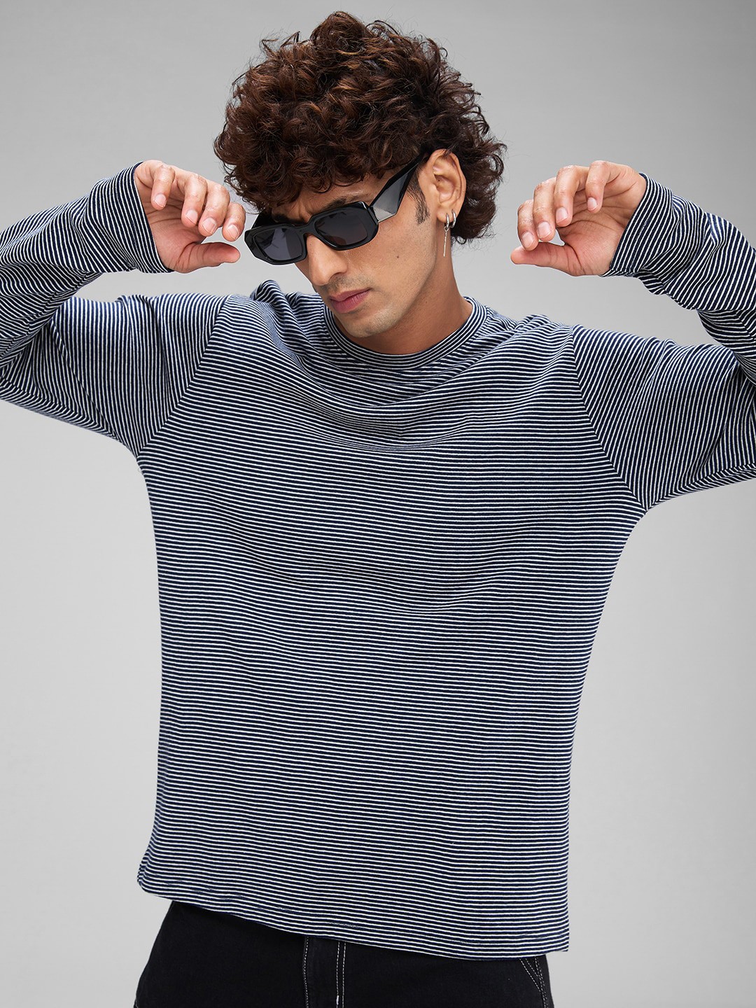 

VASTRADO Striped Round Neck Cotton T-shirt, Navy blue