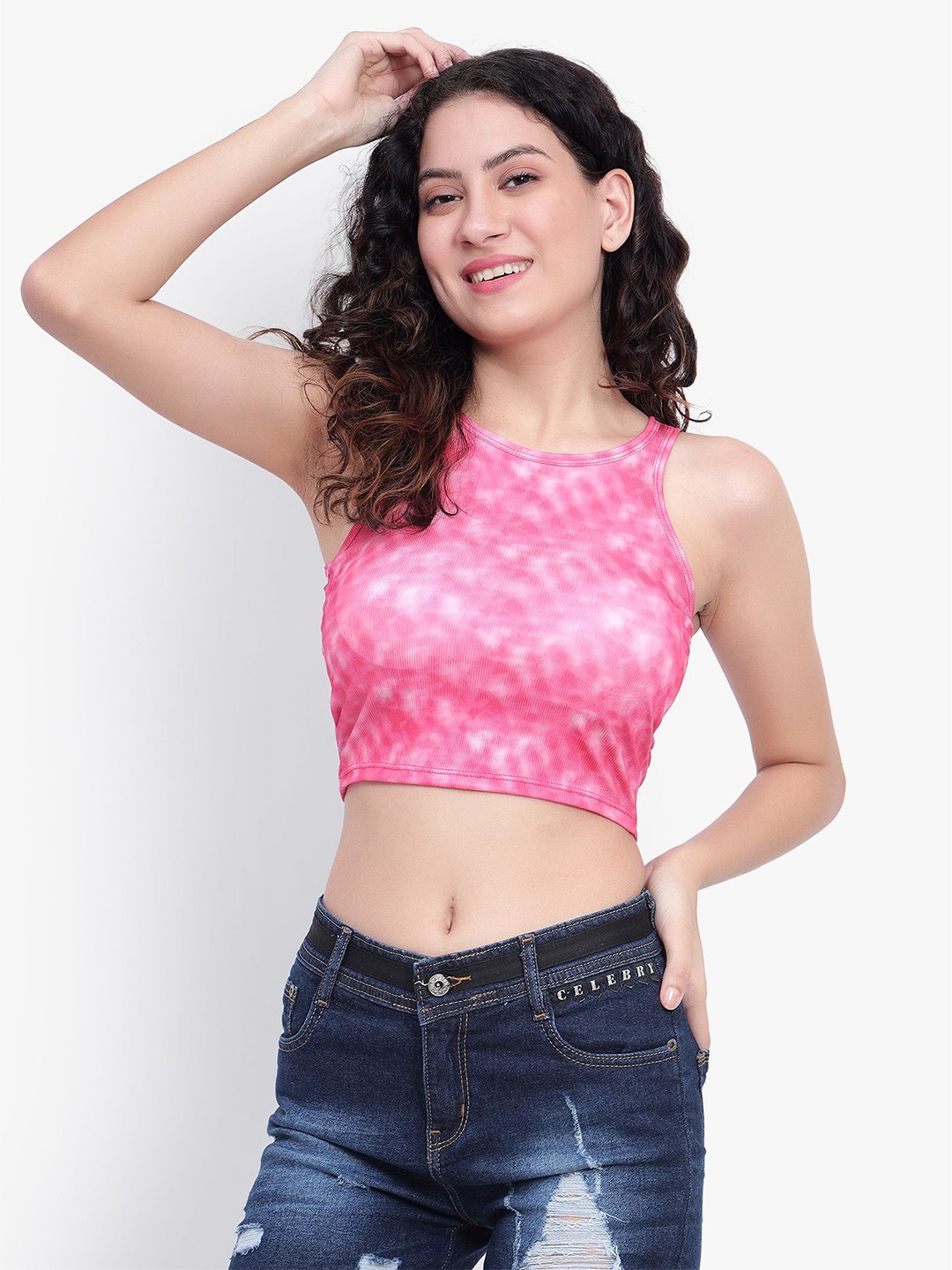 

BRACHY Abstract Printed Round Neck Fitted Opaque Crop Cotton Fitted Top, Pink