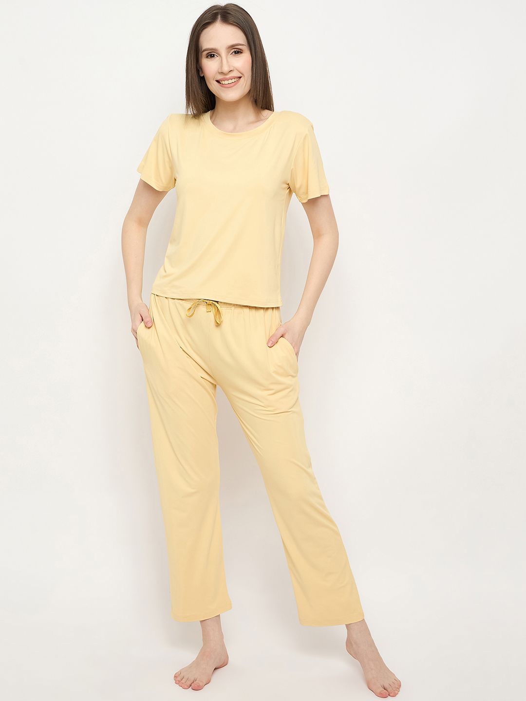 

Camey Striped Short Sleeves Night Suit, Yellow