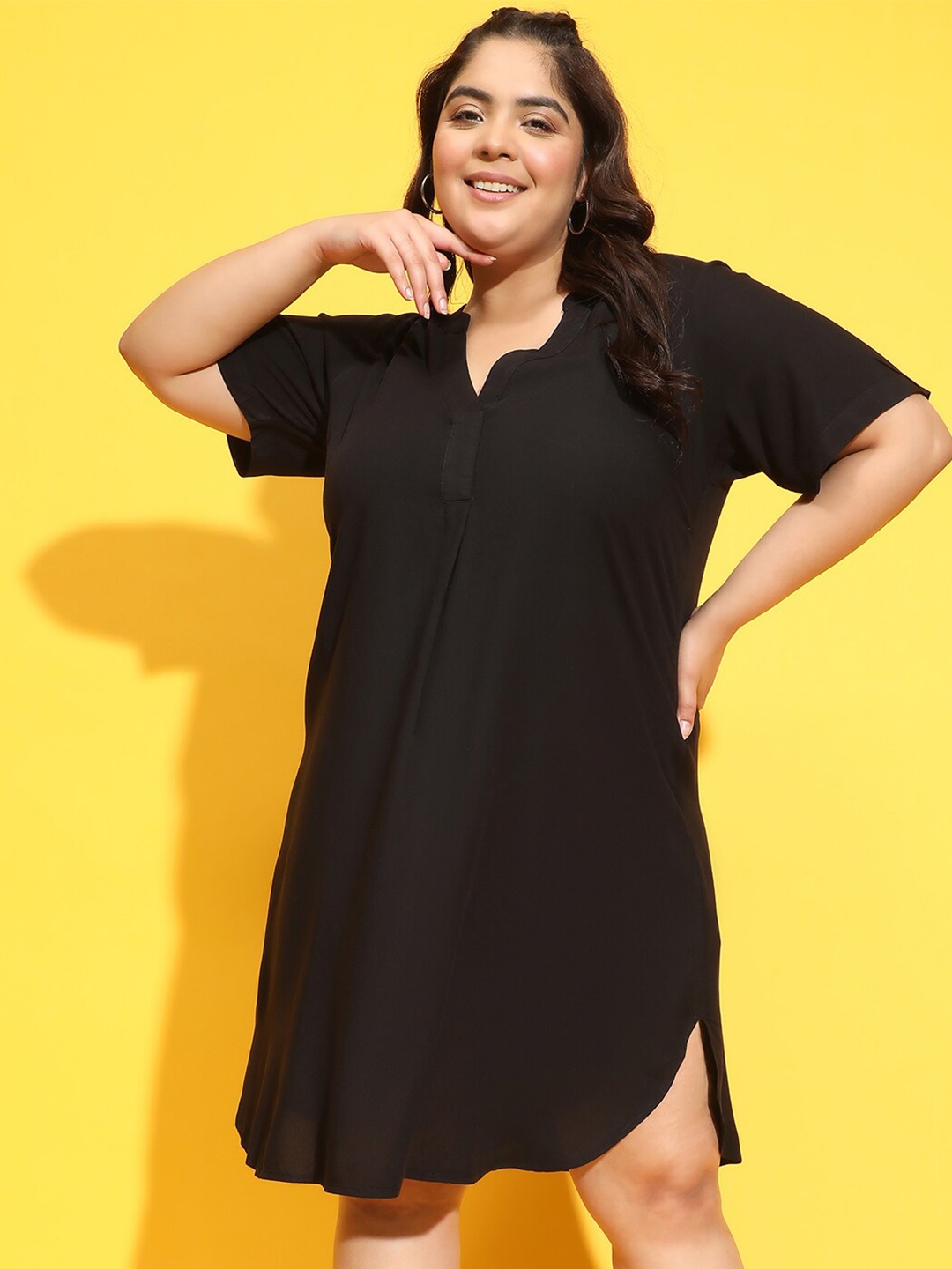 

Oxolloxo Plus Size Band Collar A-Line Mini Dress, Black