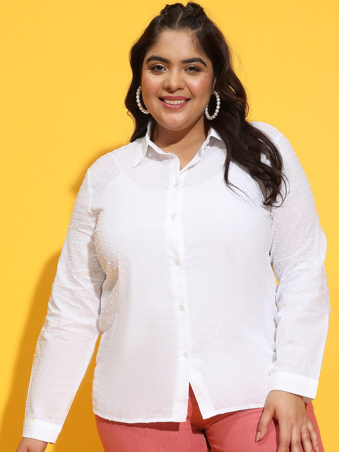 

Oxolloxo Plus Size Smart Textured Cotton Casual Shirt, White