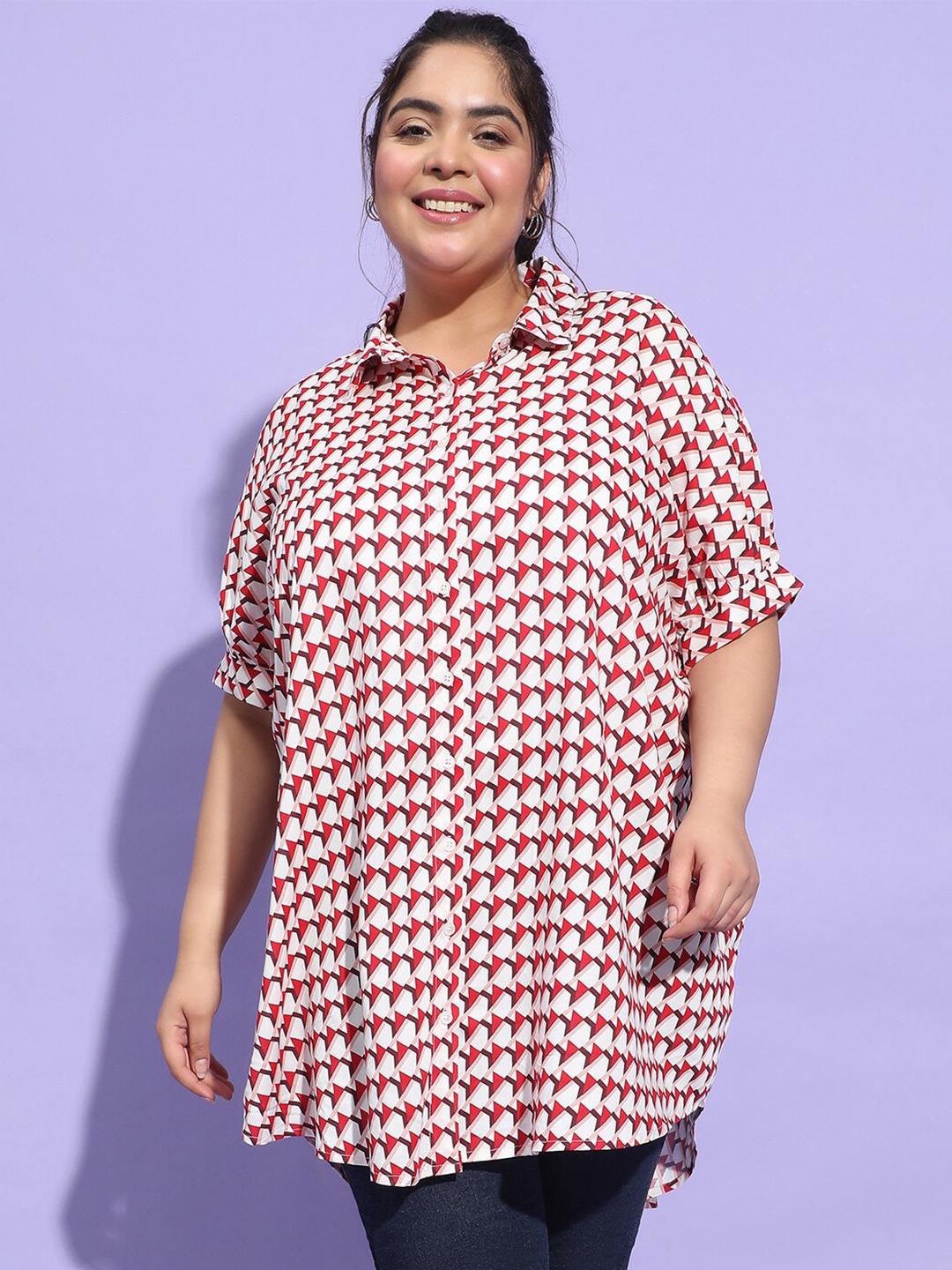 

Oxolloxo Plus Size Smart Boxy Geometric Printed Casual Shirt, Red