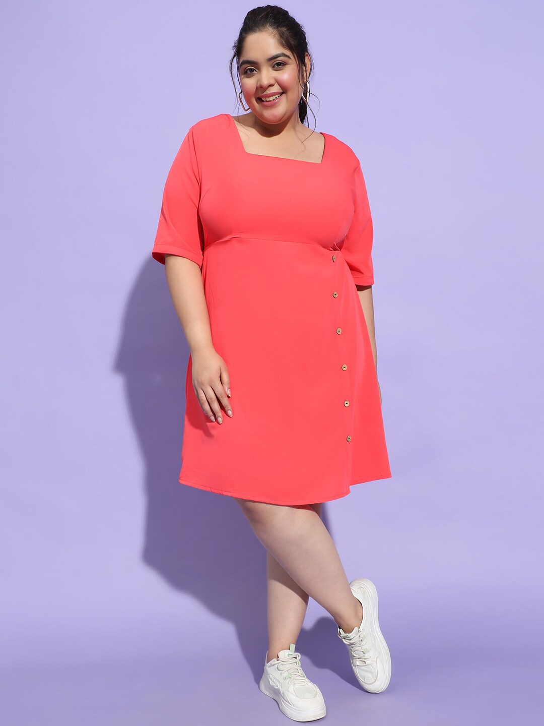 

Oxolloxo Plus Size Square Neck A-Line Dress, Red