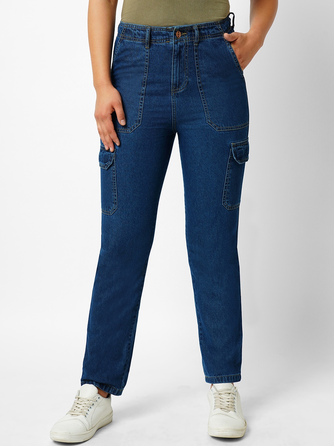 

Kraus Jeans Women Skinny Fit High-Rise Cotton Cargos Trousers, Blue