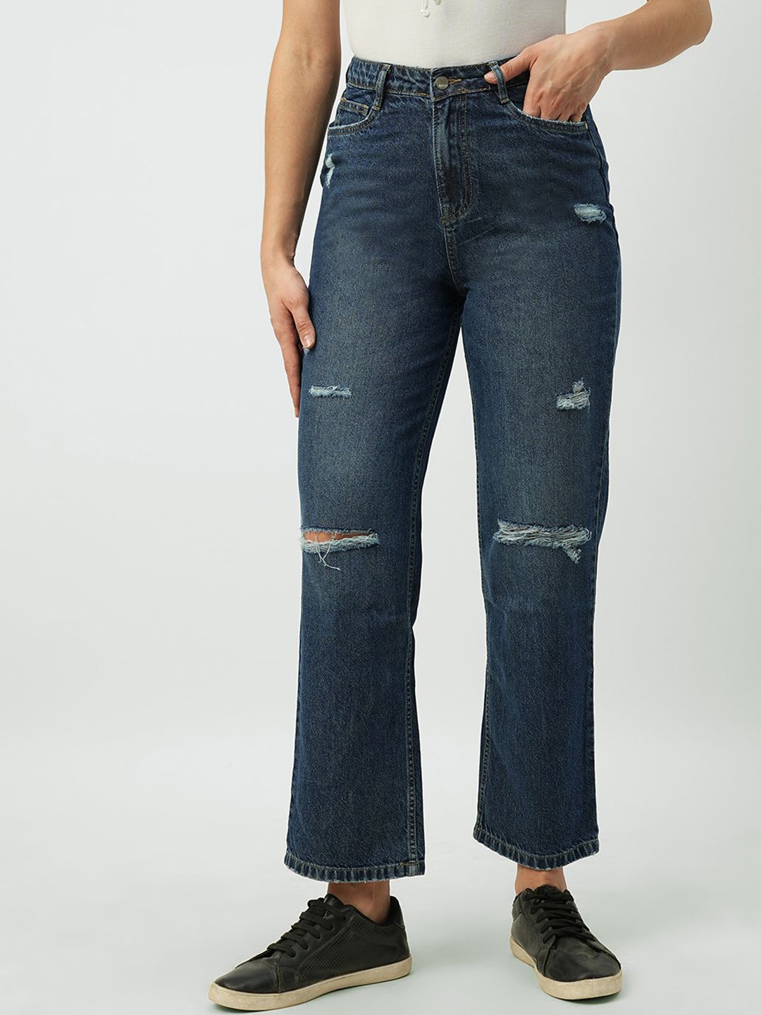 

Kraus Jeans Women Straight Fit High-Rise Slash Knee Light Fade Cotton Jeans, Blue