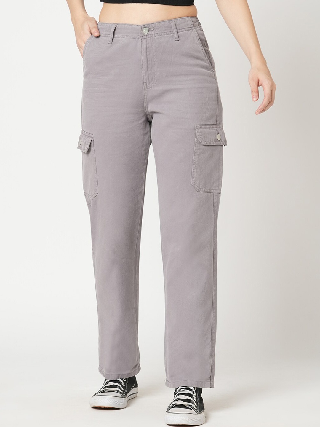 

Kraus Jeans Women Skinny Fit High-Rise Cargos Trousers, Grey