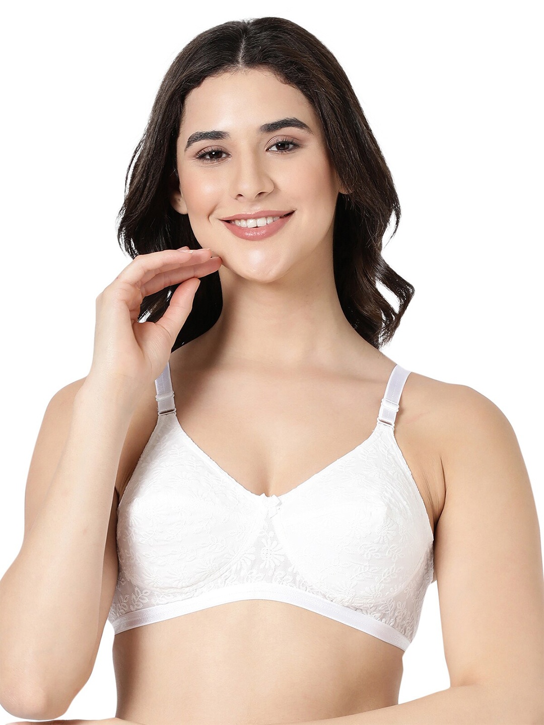 

BLOSSOM Women Floral Embroidered Hakoba Woven Pure Cotton Bra, White