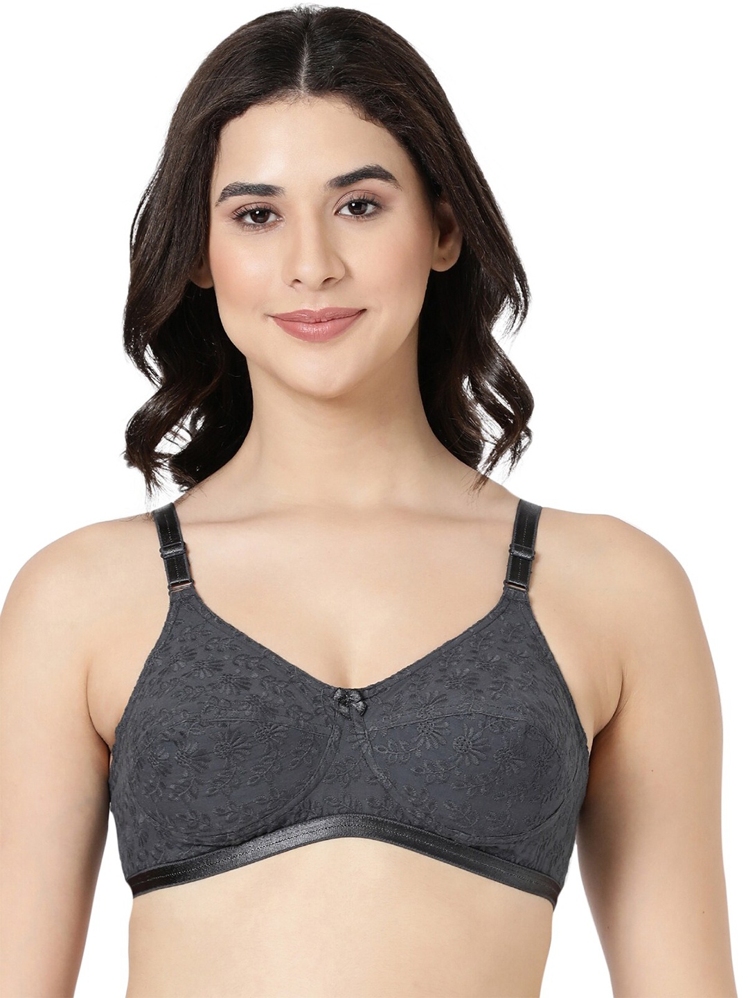 

BLOSSOM Women Floral Embroidered Hakoba Woven Pure Cotton Bra, Black