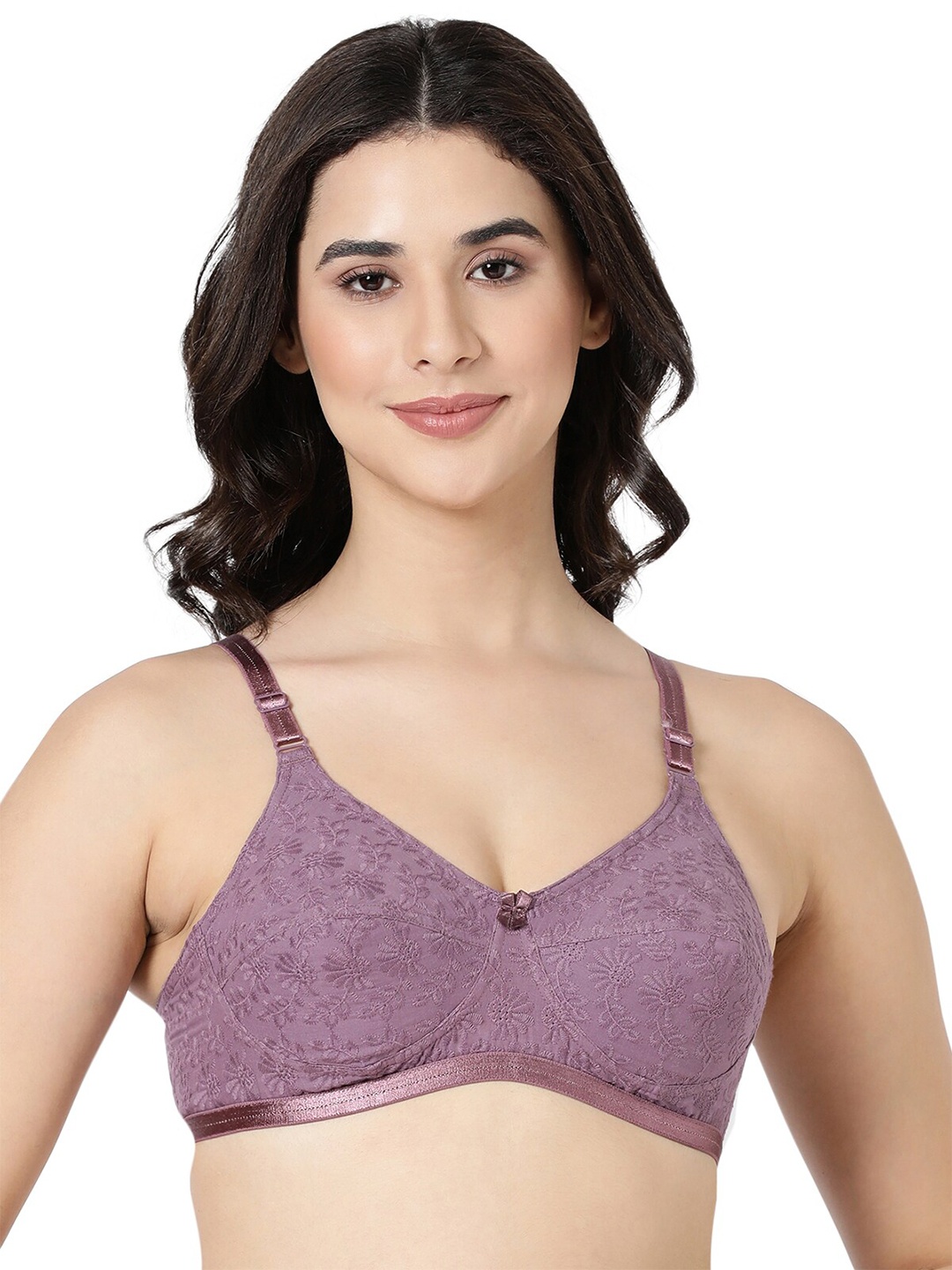 

BLOSSOM Women Floral Embroidered Hakoba Woven Pure Cotton Bra, Mauve