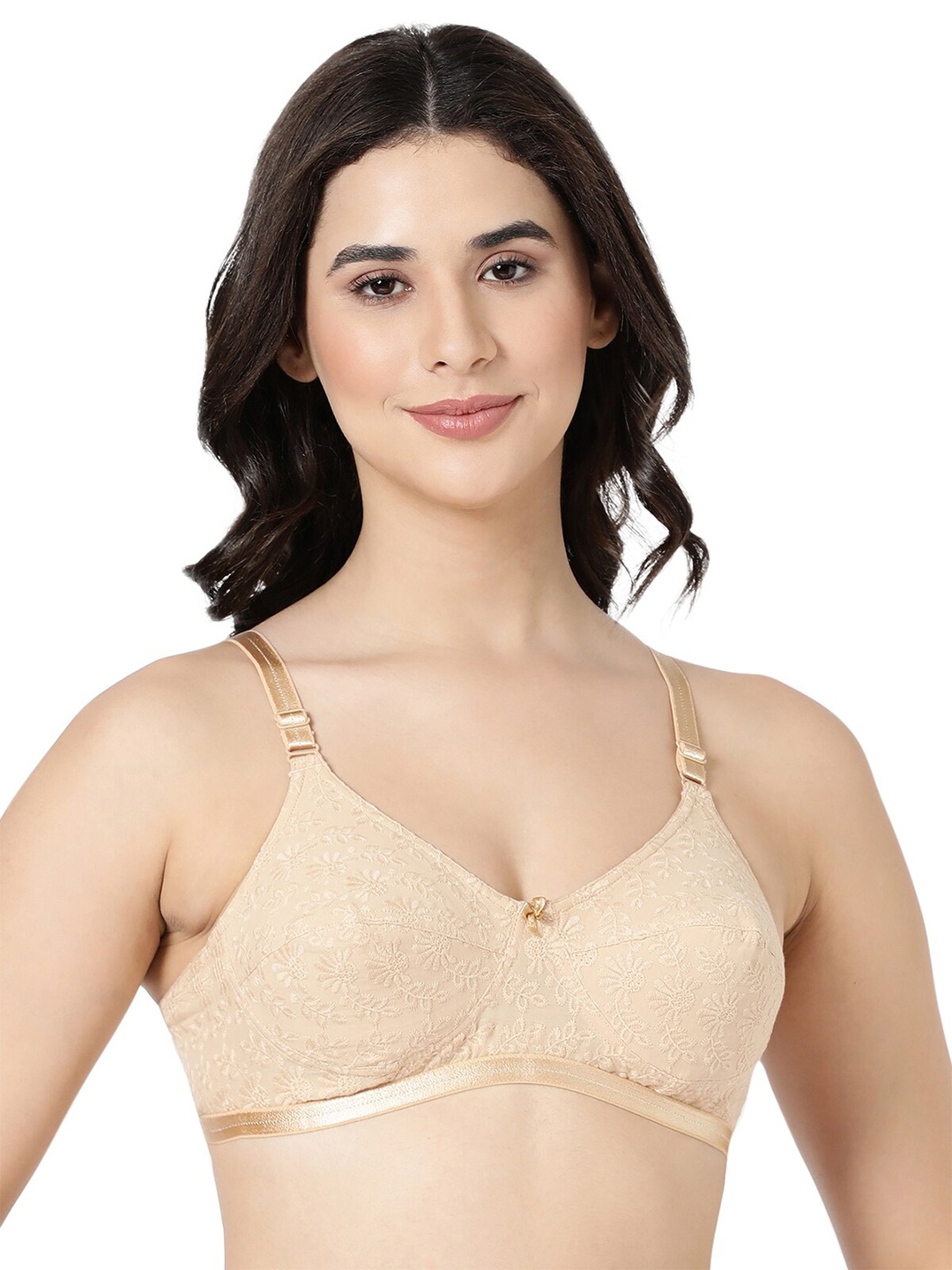 

BLOSSOM Women Floral Embroidered Hakoba Woven Pure Cotton Bra, Beige