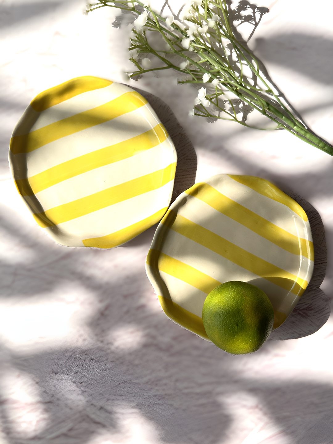 

NURTURE INDIA 2-Pcs Yellow & Off-White Striped Ceramic Serving Plates
