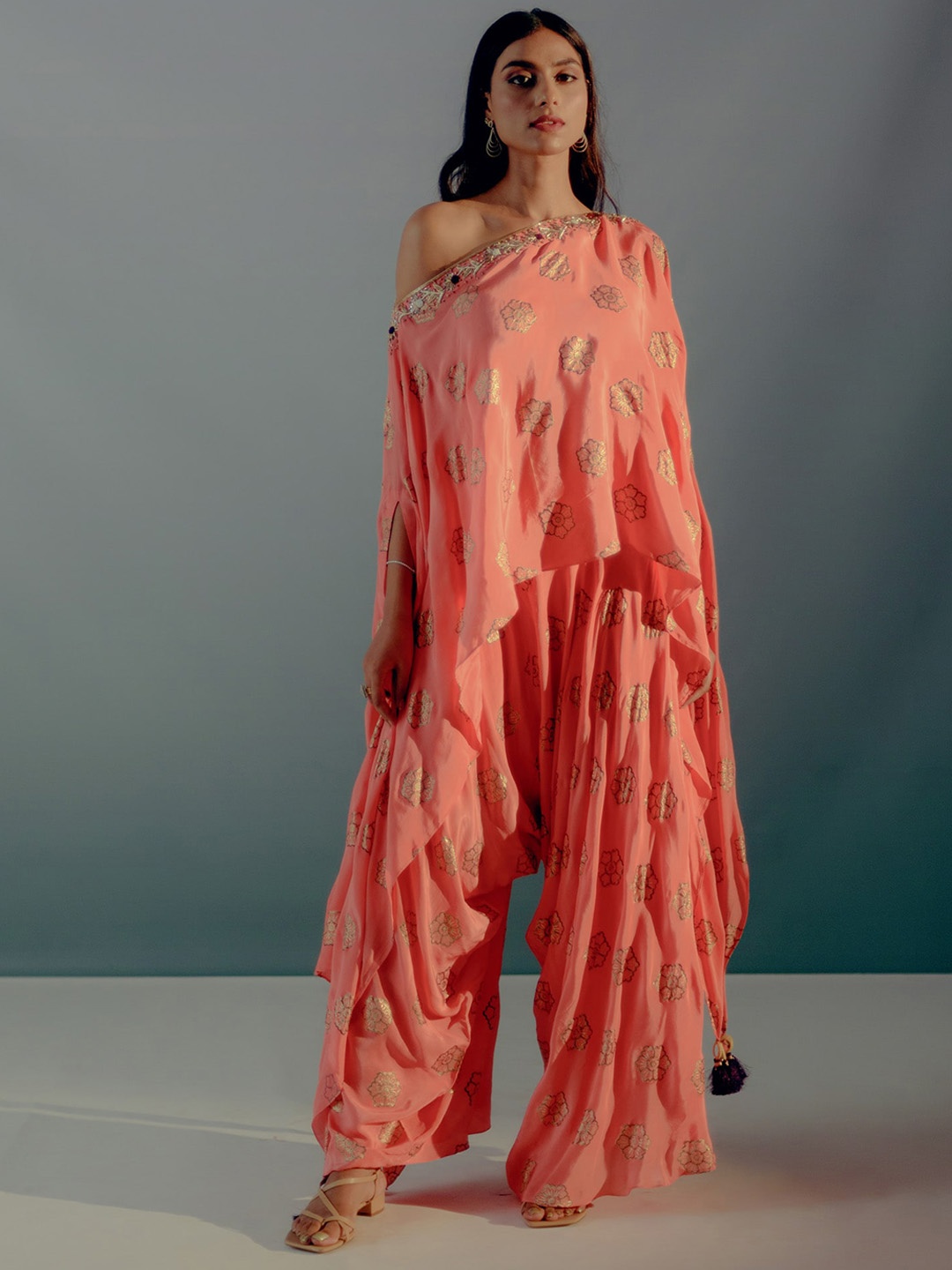 

Aaryaa By Kashveen Kohli Floral Printed One Shoulder Asymmetrical Top & Palazzos Co-Ords, Coral