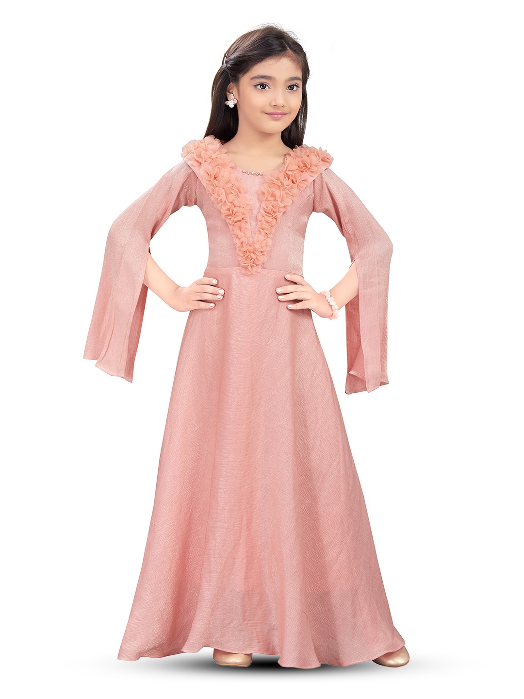 

Hunny Bunny Girls Embellished Slit Sleeves Maxi Dress, Peach