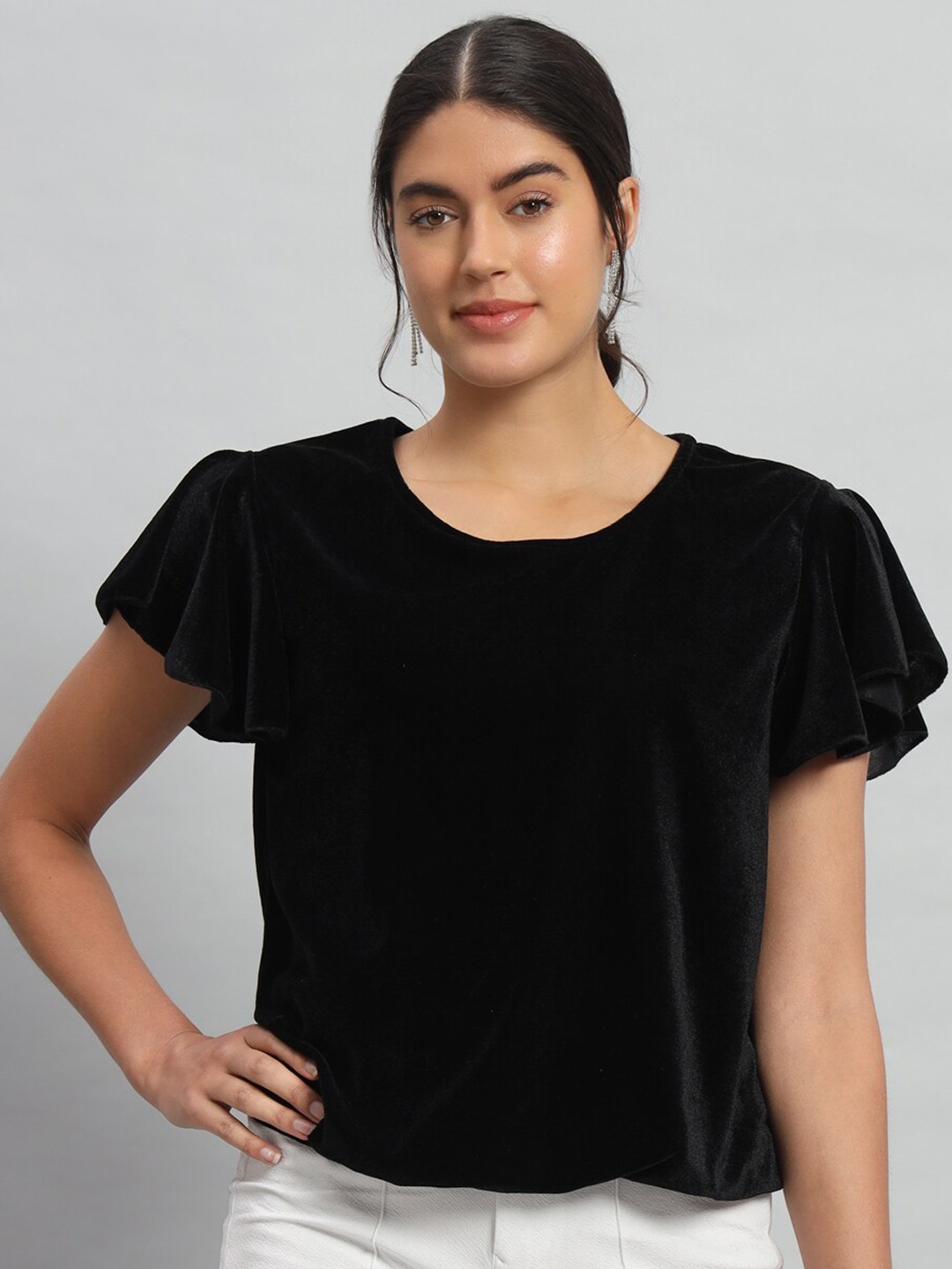 

VAARARO Round Neck Flutter Sleeves Velvet Blouson Top, Black