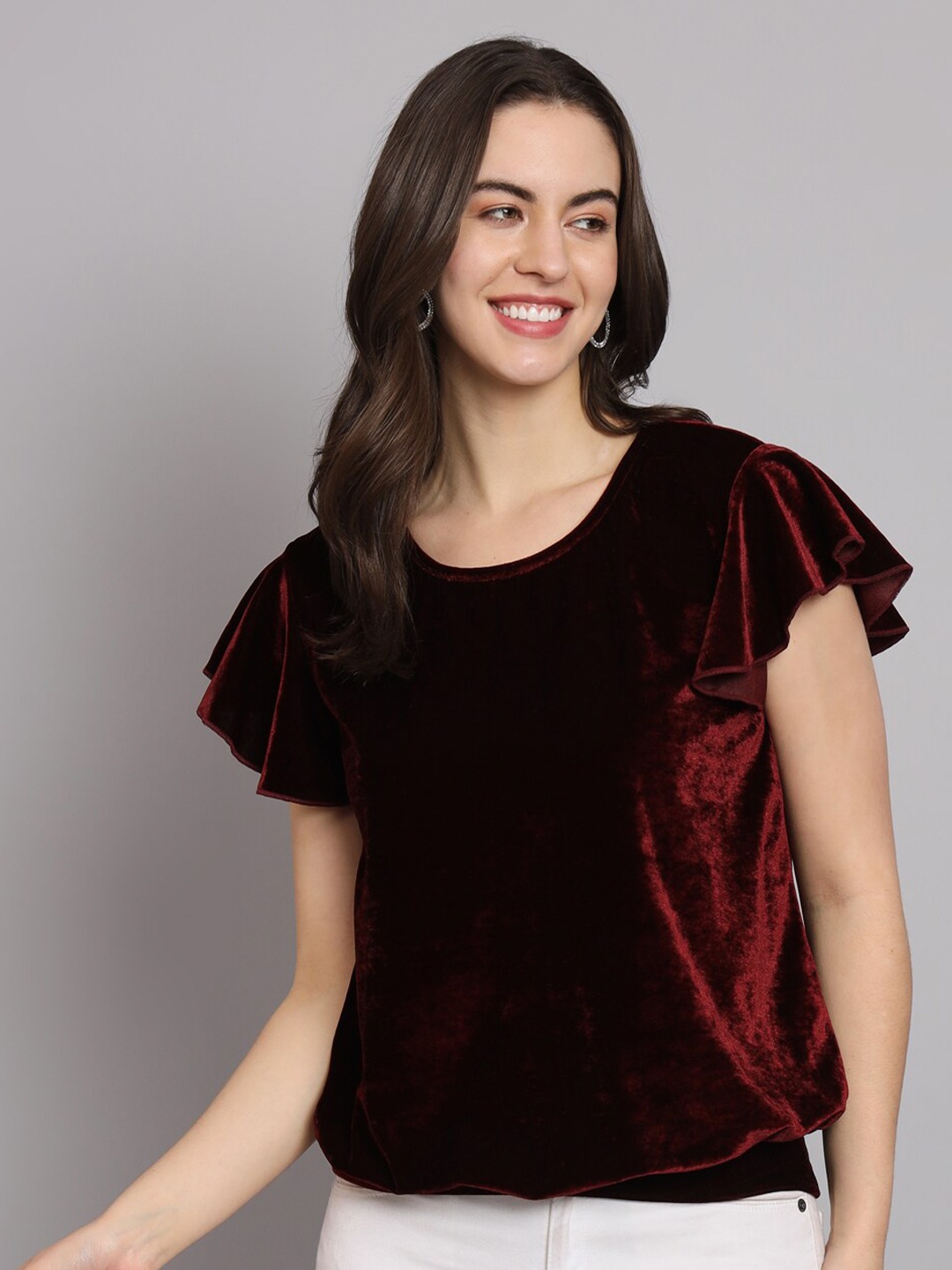 

VAARARO Round Neck Flutter Sleeves Gathered Velvet Blouson Top, Maroon