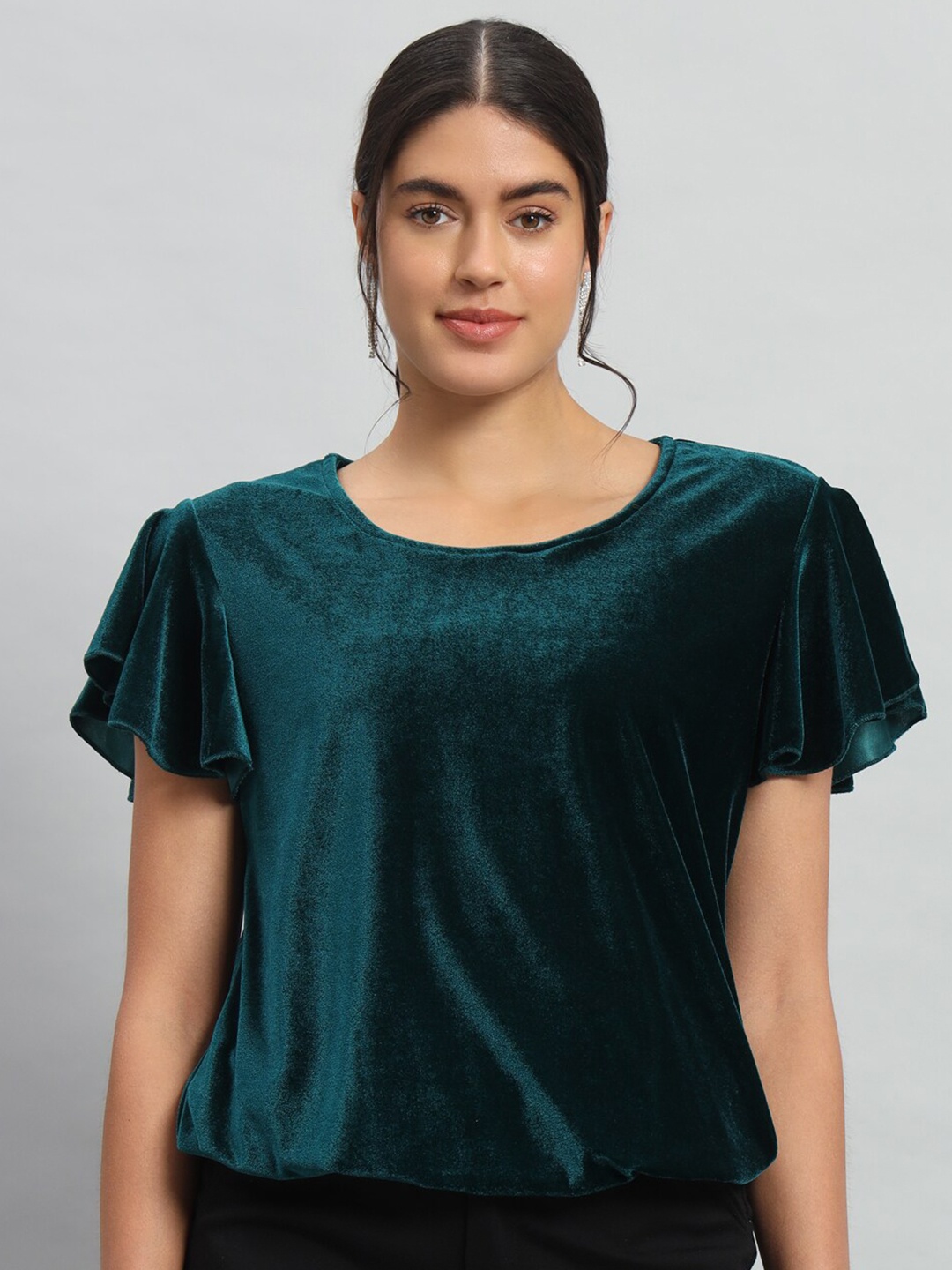 

VAARARO Round Neck Flutter Sleeves Gathered Velvet Blouson Top, Green