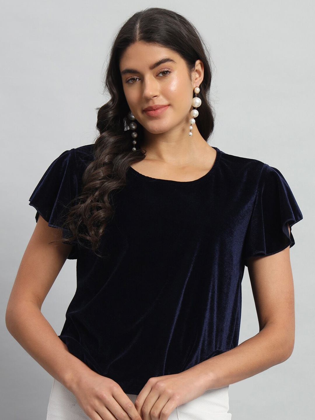 

VAARARO Round Neck Flutter Sleeves Gathered Velvet Blouson Top, Navy blue