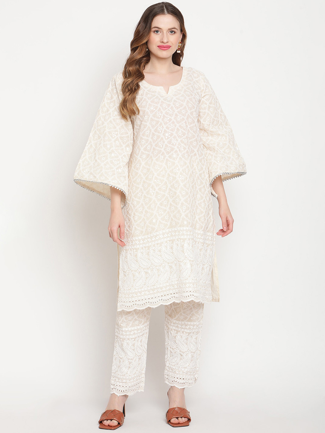 

QUEENLEY Ethnic Motifs Embroidered Bell Sleeves Pure Cotton Chikankari Straight Kurta Set, Cream