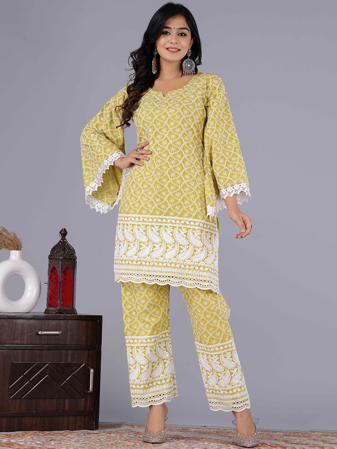 

QUEENLEY Women Embroidered Regular Chikankari Pure Cotton Kurti with Palazzos, Lime green