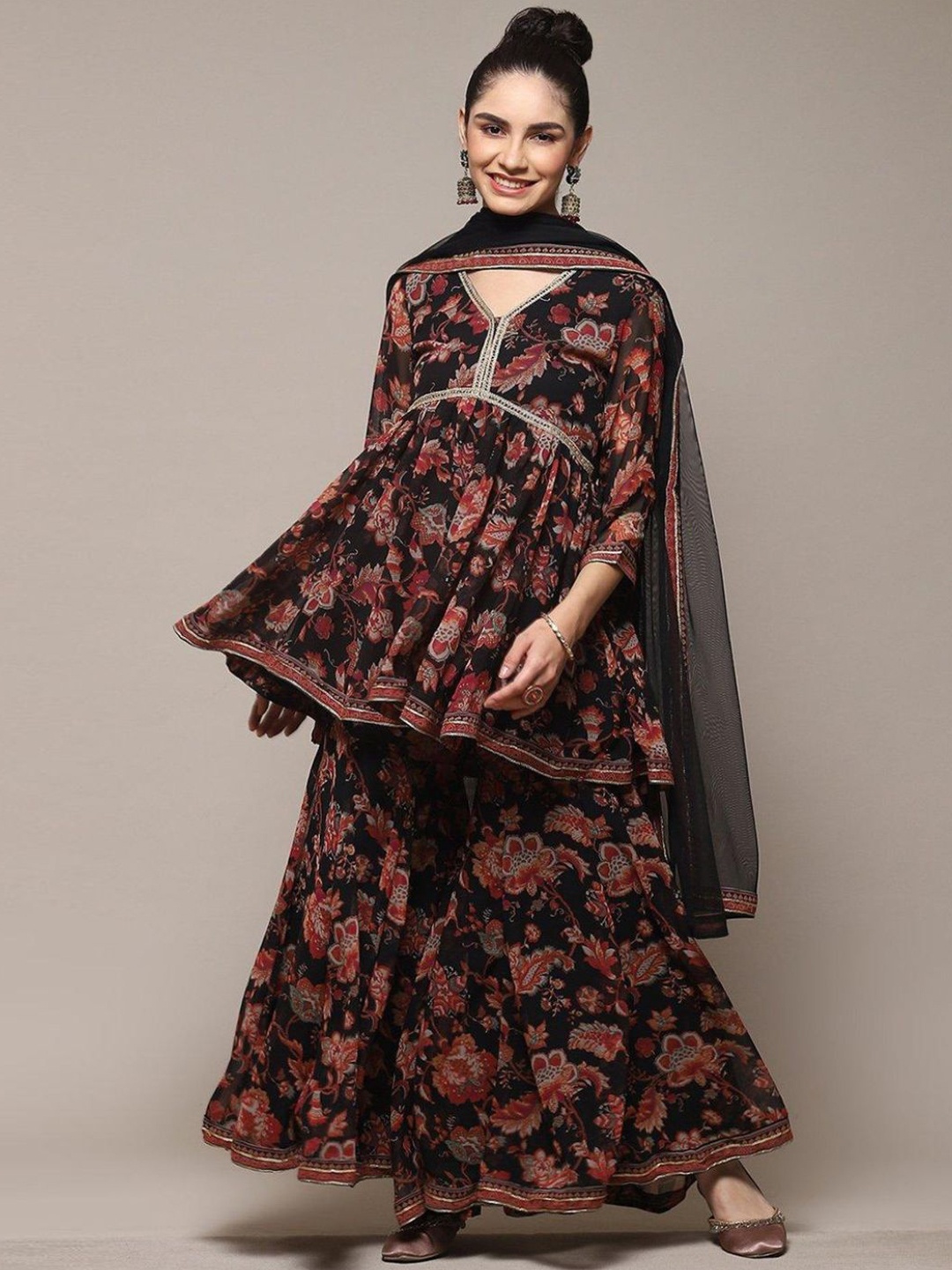 

Biba Floral Printed Anarkali Kurti With Sharara & Dupatta, Black