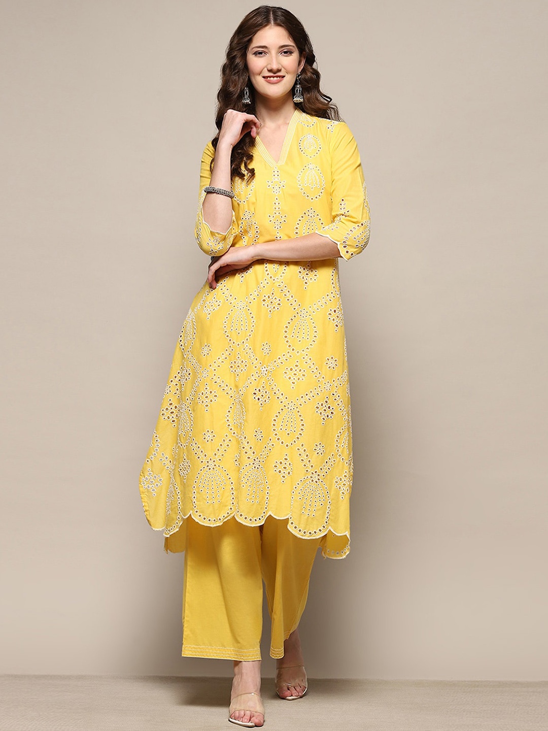 

Biba Geometric Embroidered Pure Cotton Straight Kurta With Palazzo, Yellow