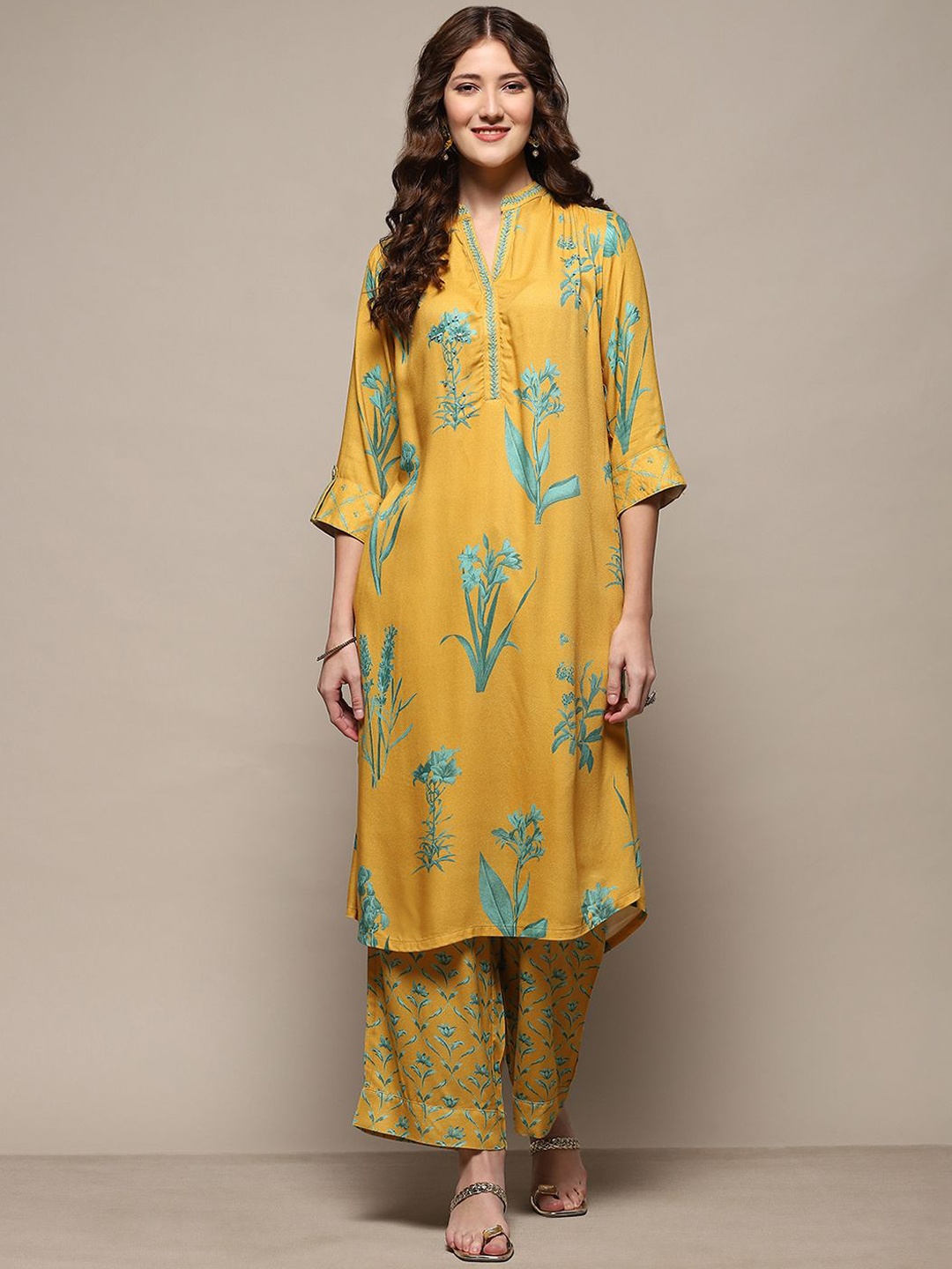 

Biba Floral Printed Straight Kurta With Palazzo, Mustard
