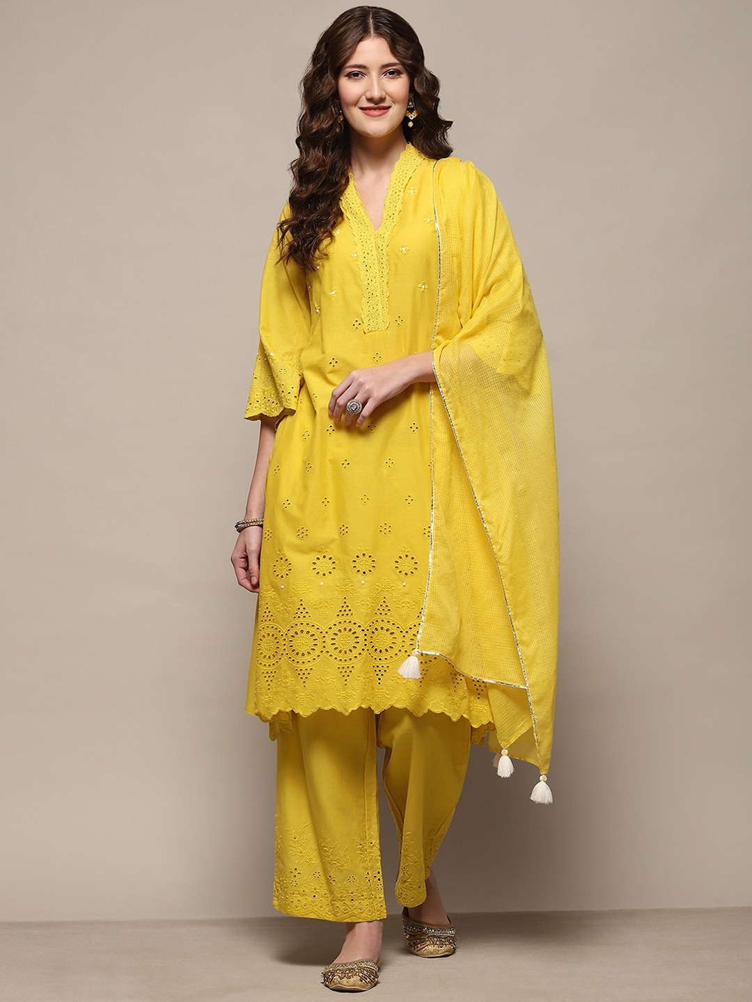

Biba Ethnic Motifs Embroidered Thread Work Pure Cotton Kurta With Palazzos & Dupatta, Yellow