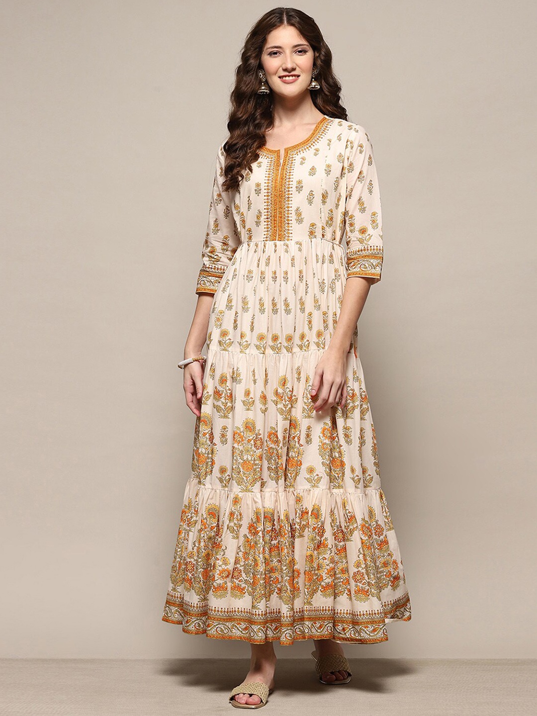 

Biba Ethnic Motifs Printed Notched Neck Maxi Cotton Dress for Women, Beige