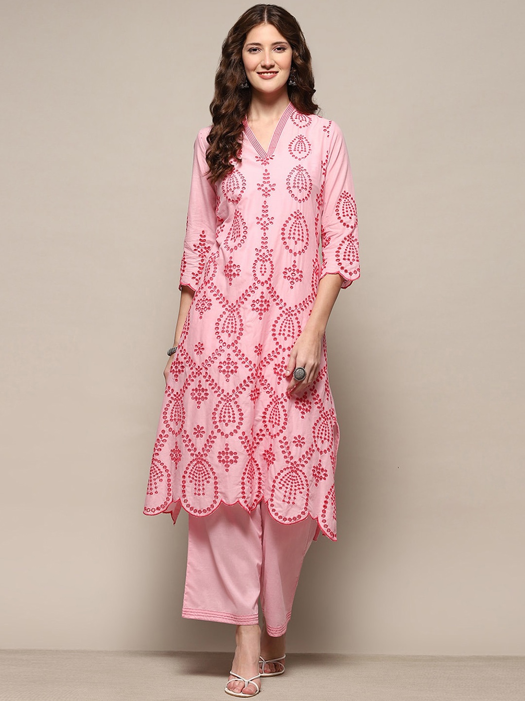 

Biba Ethnic Motifs Embroidered Thread Work Pure Cotton Straight Kurta With Palazzo, Pink