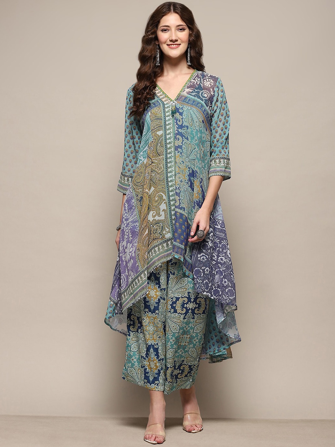 

Biba Floral Printed Angrakha Kurta With Palazzo, Blue