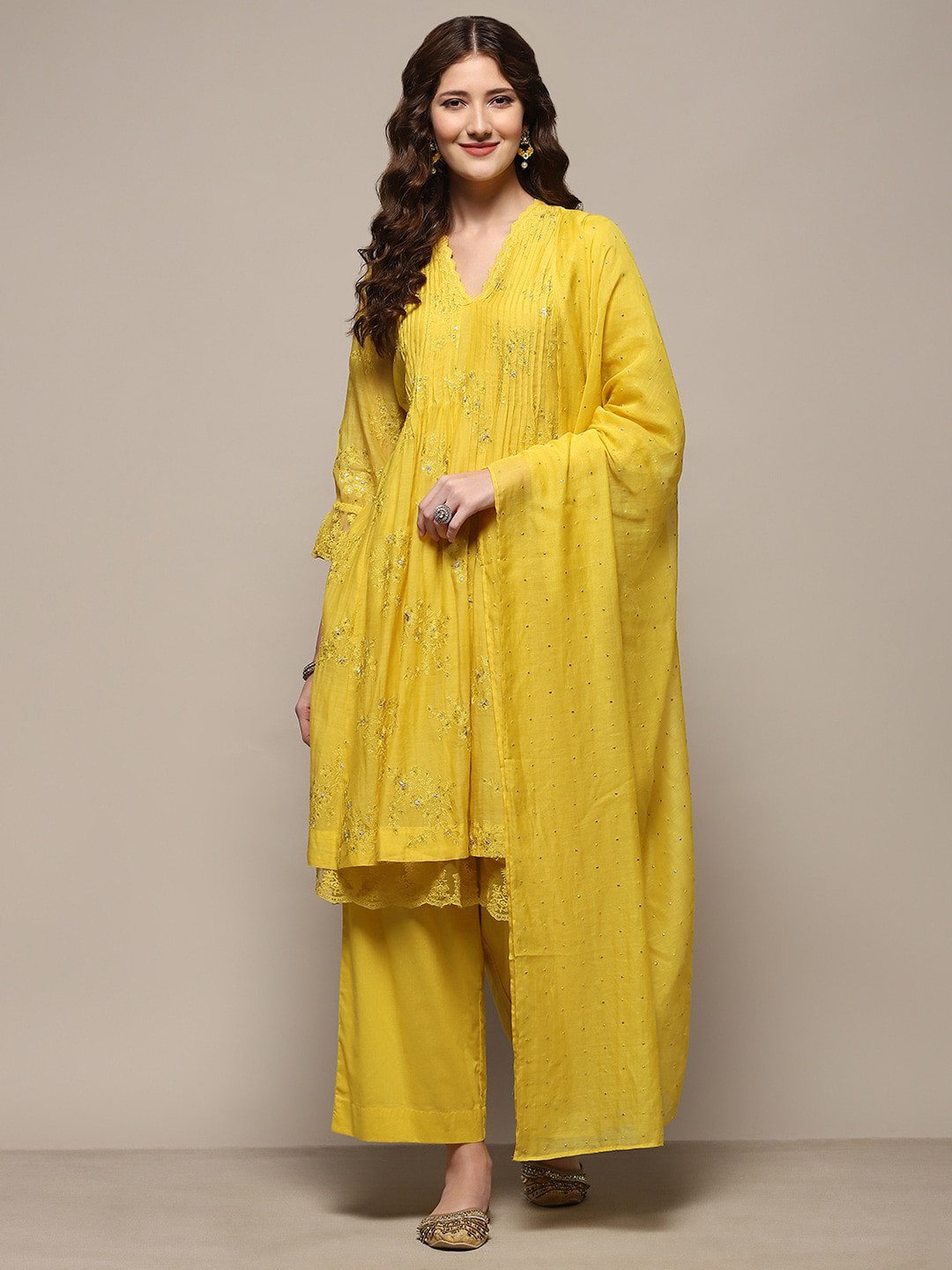 

Biba Floral Embroidered Layered Sequinned Kurta With Palazzo & Dupatta, Yellow
