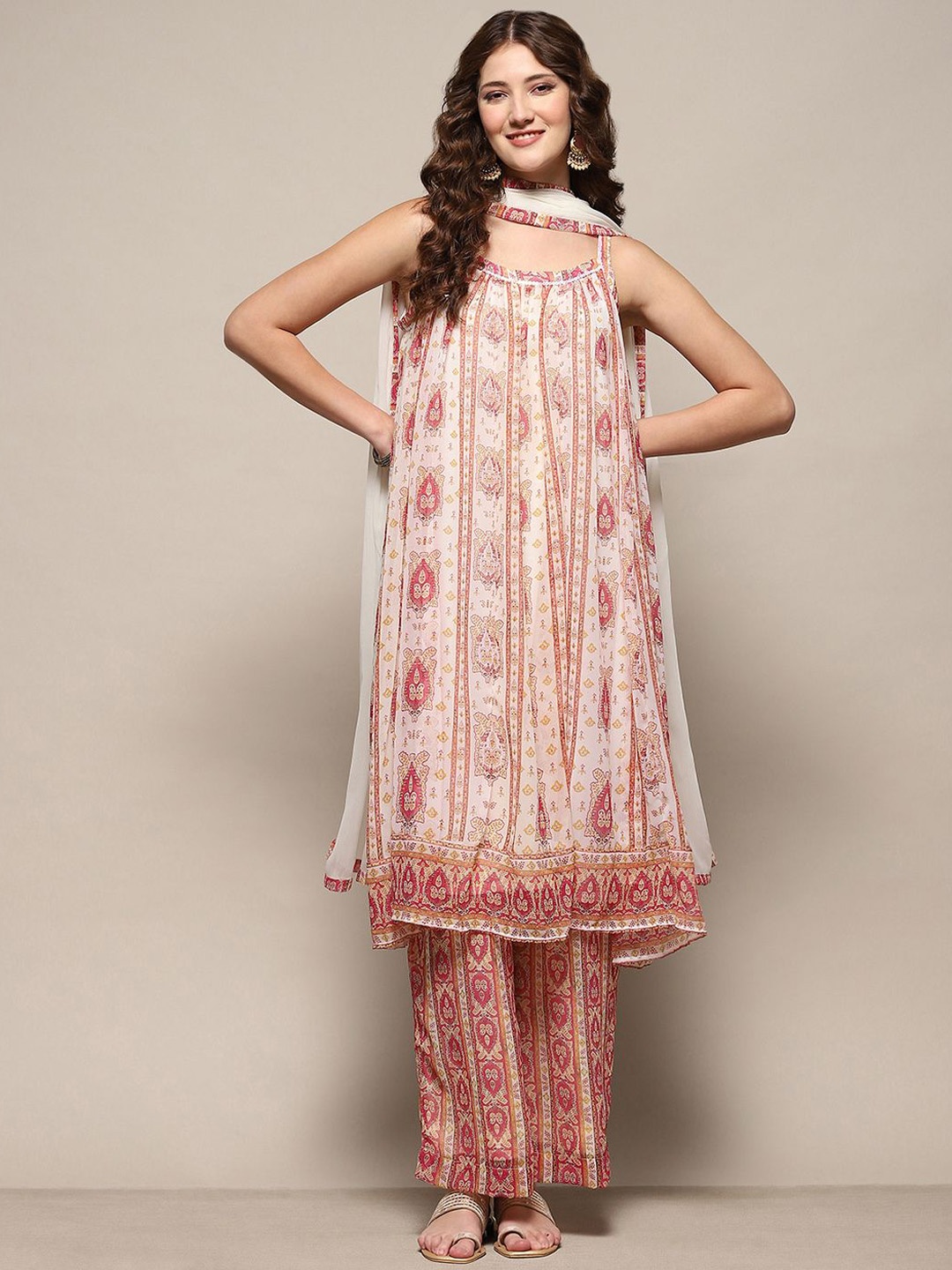 

Biba Ethnic Motifs Printed A-Line Kurta With Palazzos & Dupatta, Cream