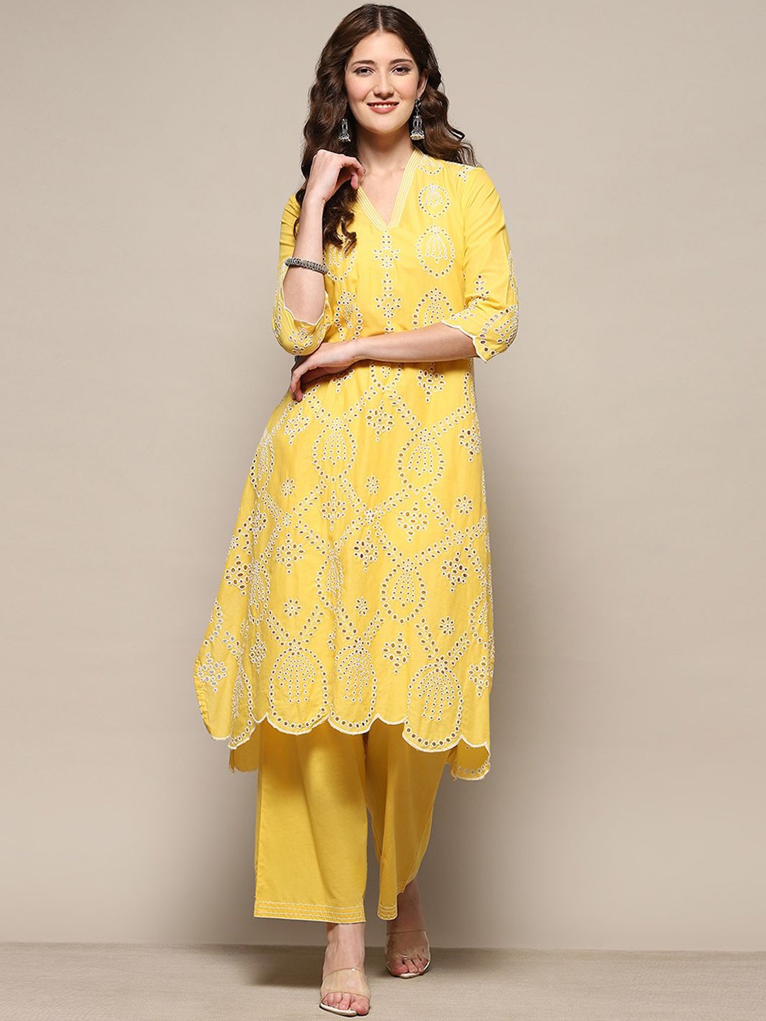 

Biba Ethnic Motifs Embroidered Pure Cotton A-Line Kurta With Palazzo, Yellow
