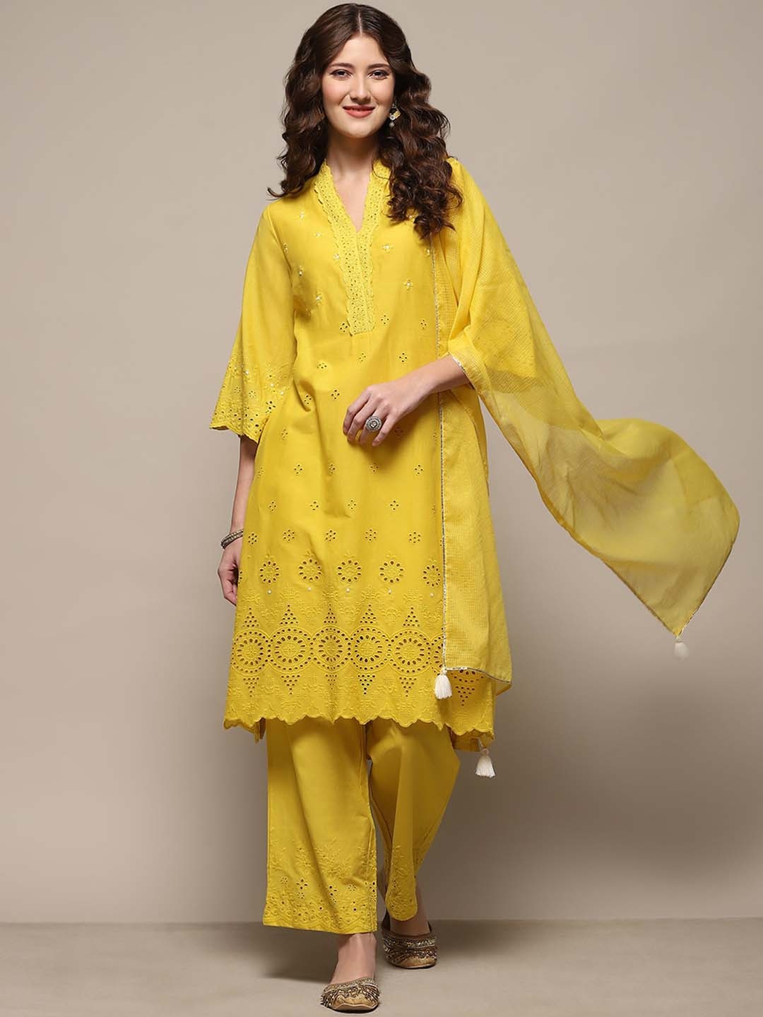 Biba Floral Embroidered Sequinned Pure Cotton Straight Kurta With Palazzos & Dupatta, Yellow