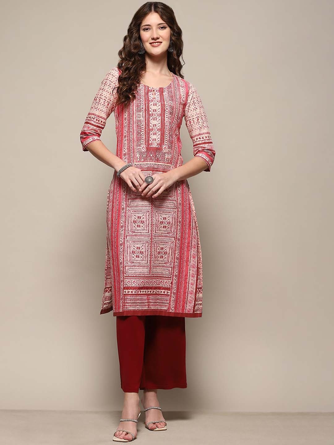 

Biba Ethnic Motifs Printed Cotton Straight Kurta, Rust