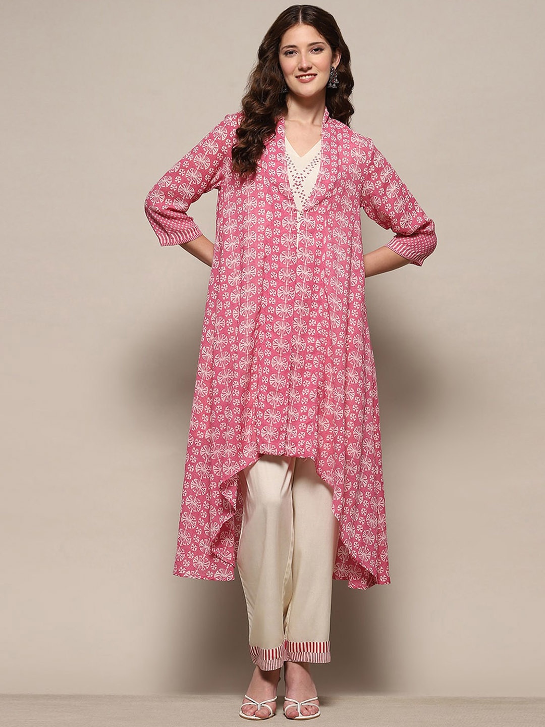 

Biba Ethnic Motifs Printed Pure Cotton A-Line Kurta With Trousers With Jacket, Pink