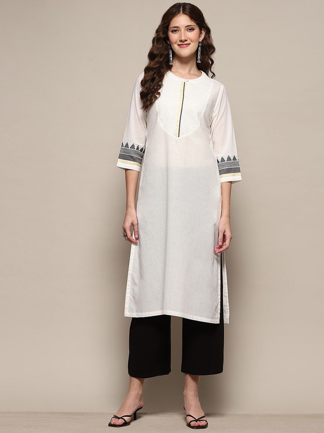 

Biba Striped Flared Sleeves Thread Work Cotton A-Line Kurta, White