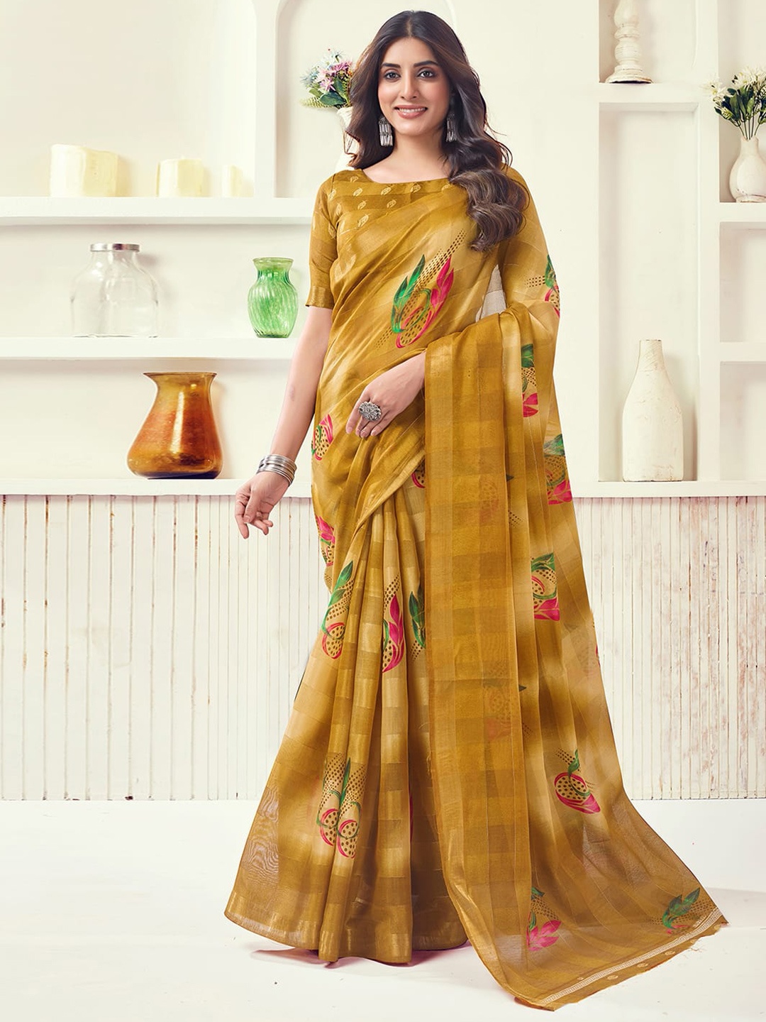 

KALINI Woven Design Floral Cotton Blend Sarees, Mustard