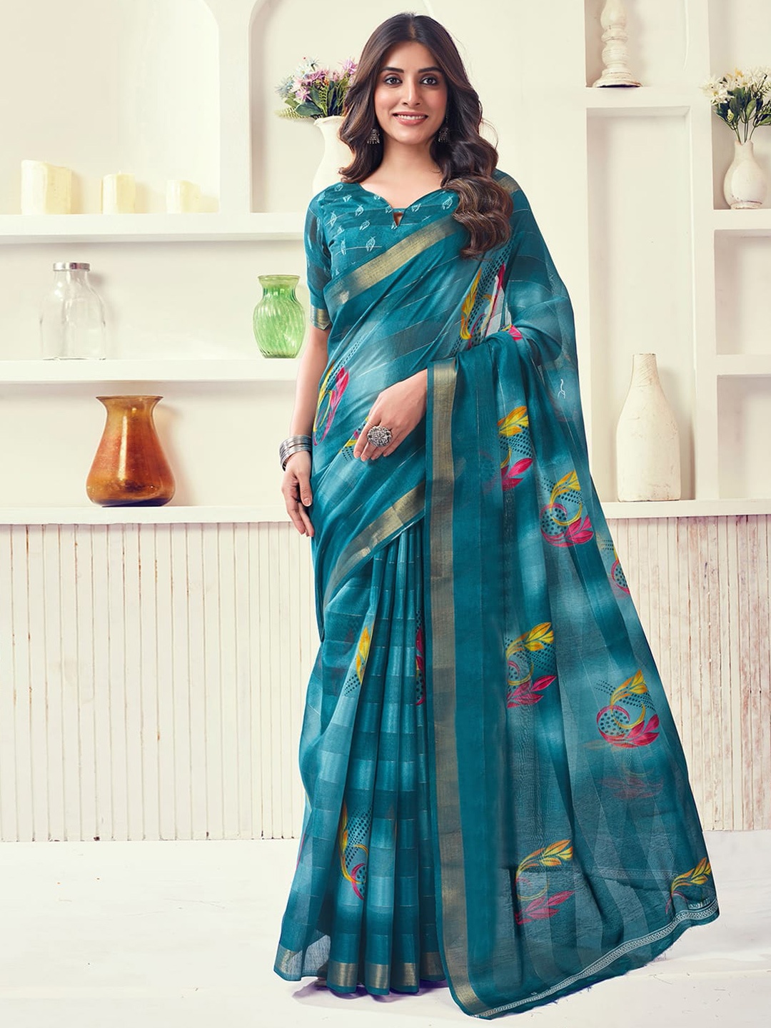 

KALINI Floral Zari Saree, Teal