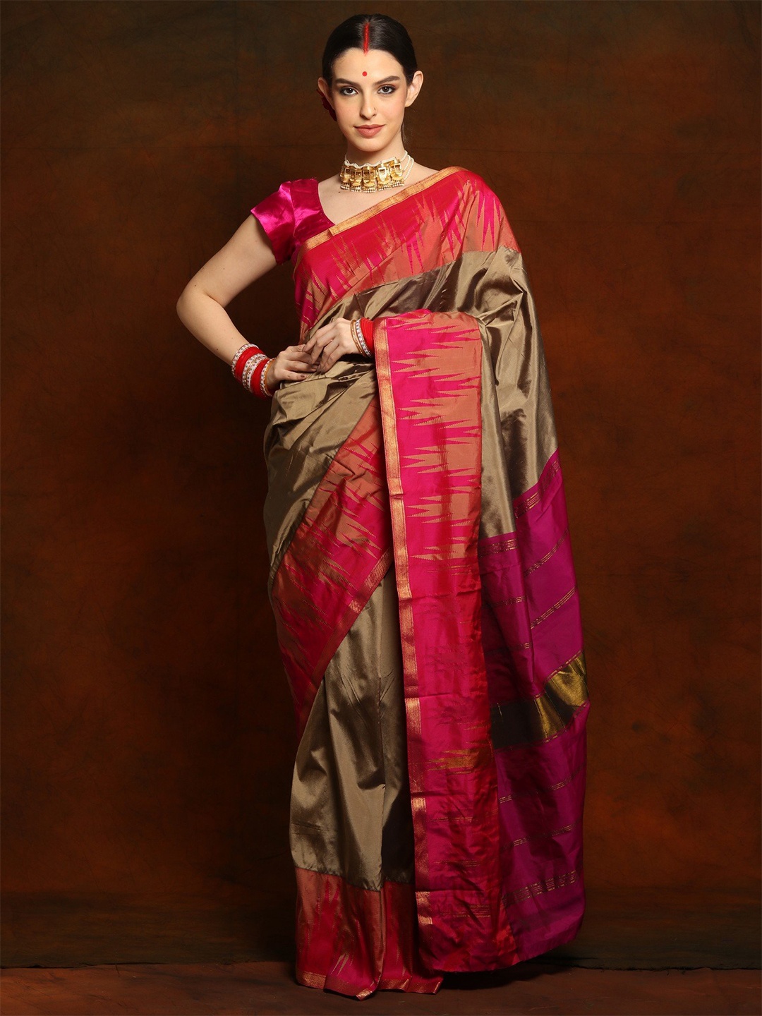 

Exotic India Woven Design Zari Pure Silk Kanjeevaram Saree, Khaki