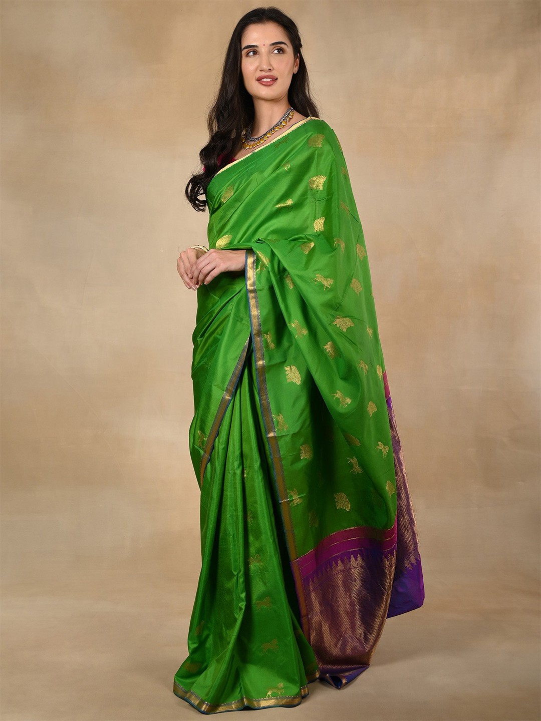 

Exotic India Floral Zari Pure Silk Banarasi Saree, Green
