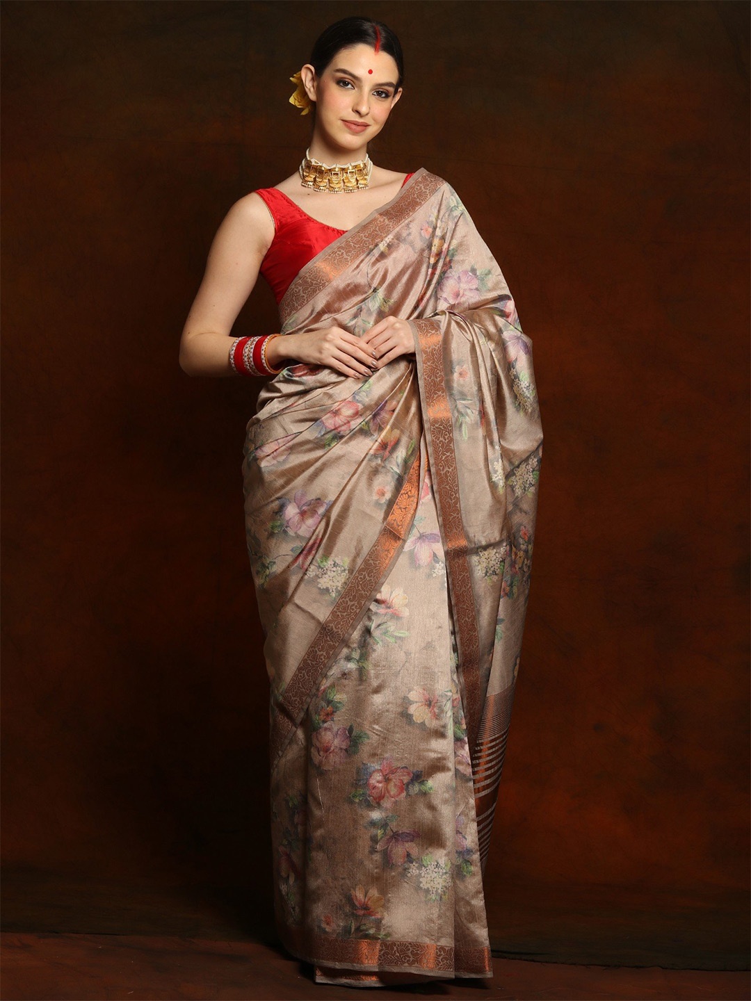 

Exotic India Coffee Brown Art Silk Saree with Floral Prints and Copper Brocade Border