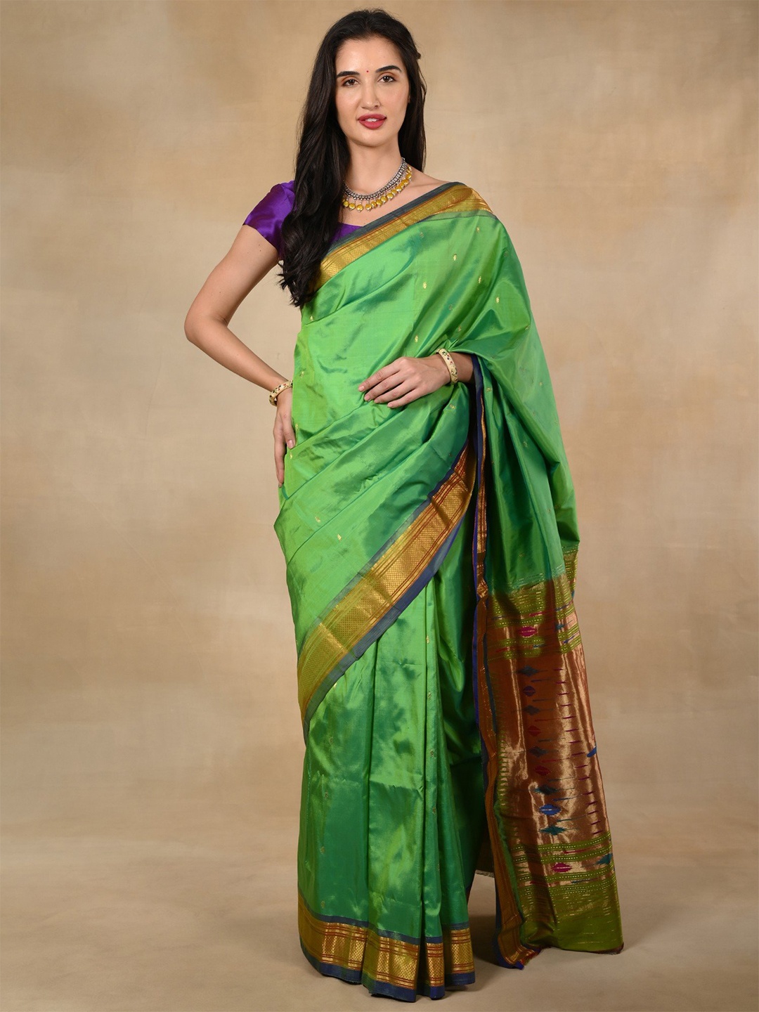 

Exotic India Woven Design Zari Pure Silk Paithani Saree, Green