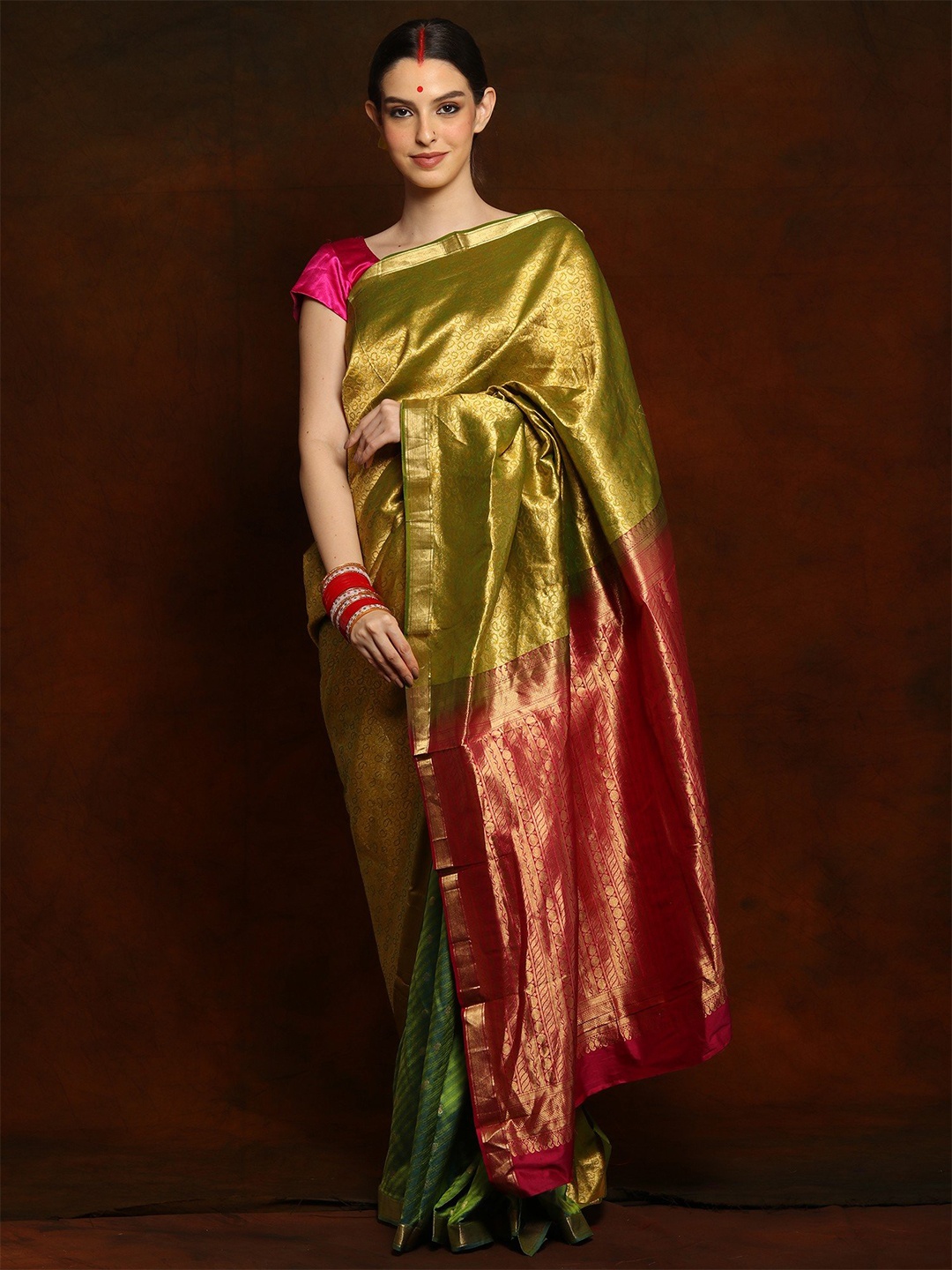 

Exotic India Ethnic Motifs Zari Pure Silk Kanjeevaram Saree, Green